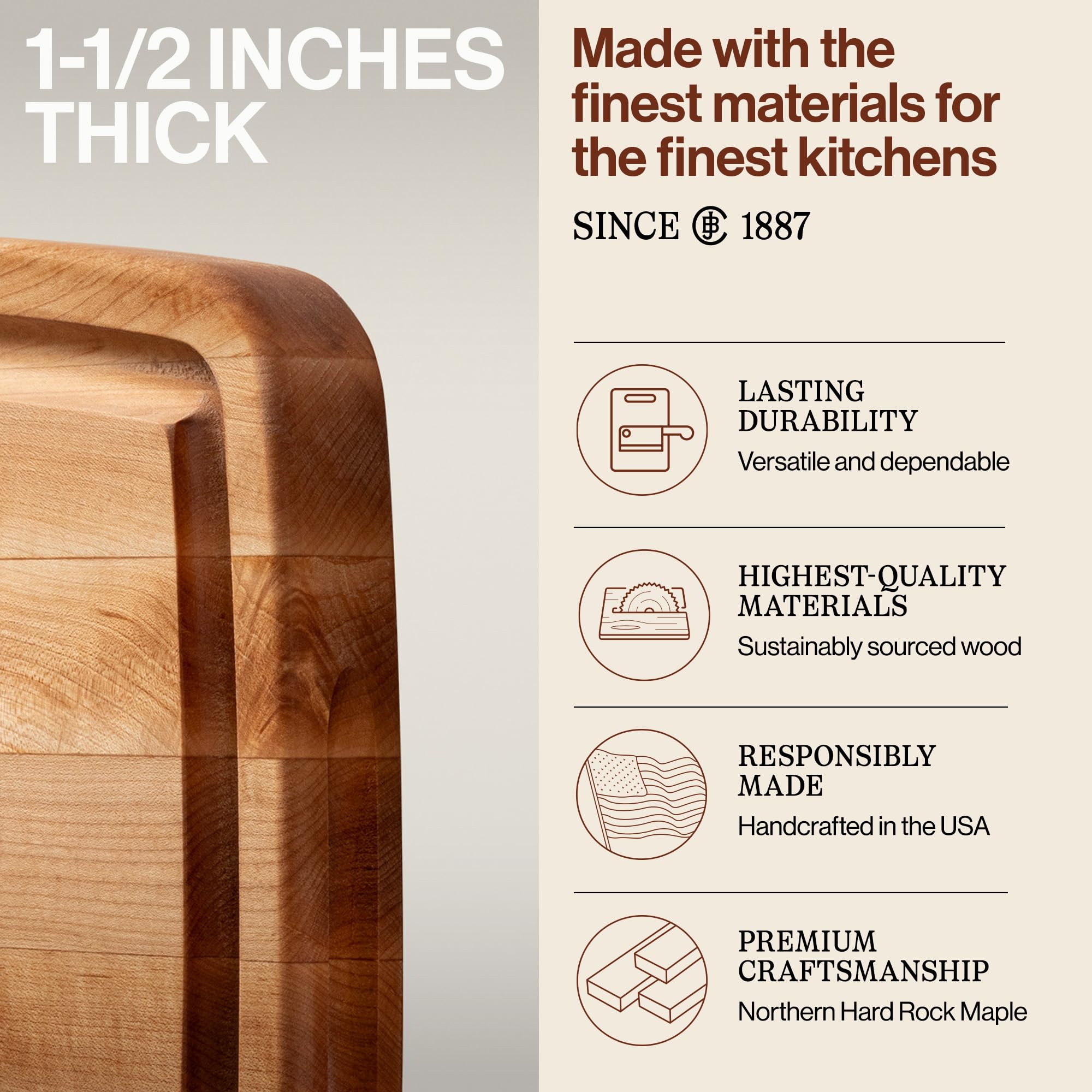 John Boos CB Series Rectangular Wooden Maple Cutting Board 20”x14” – 1.5” Thick, 12-lb Reversible Butcher Block with Rounded Edges, Juice Groove, Edge-Grain & Finger Grips – Made in the USA: 20"L x 14"W