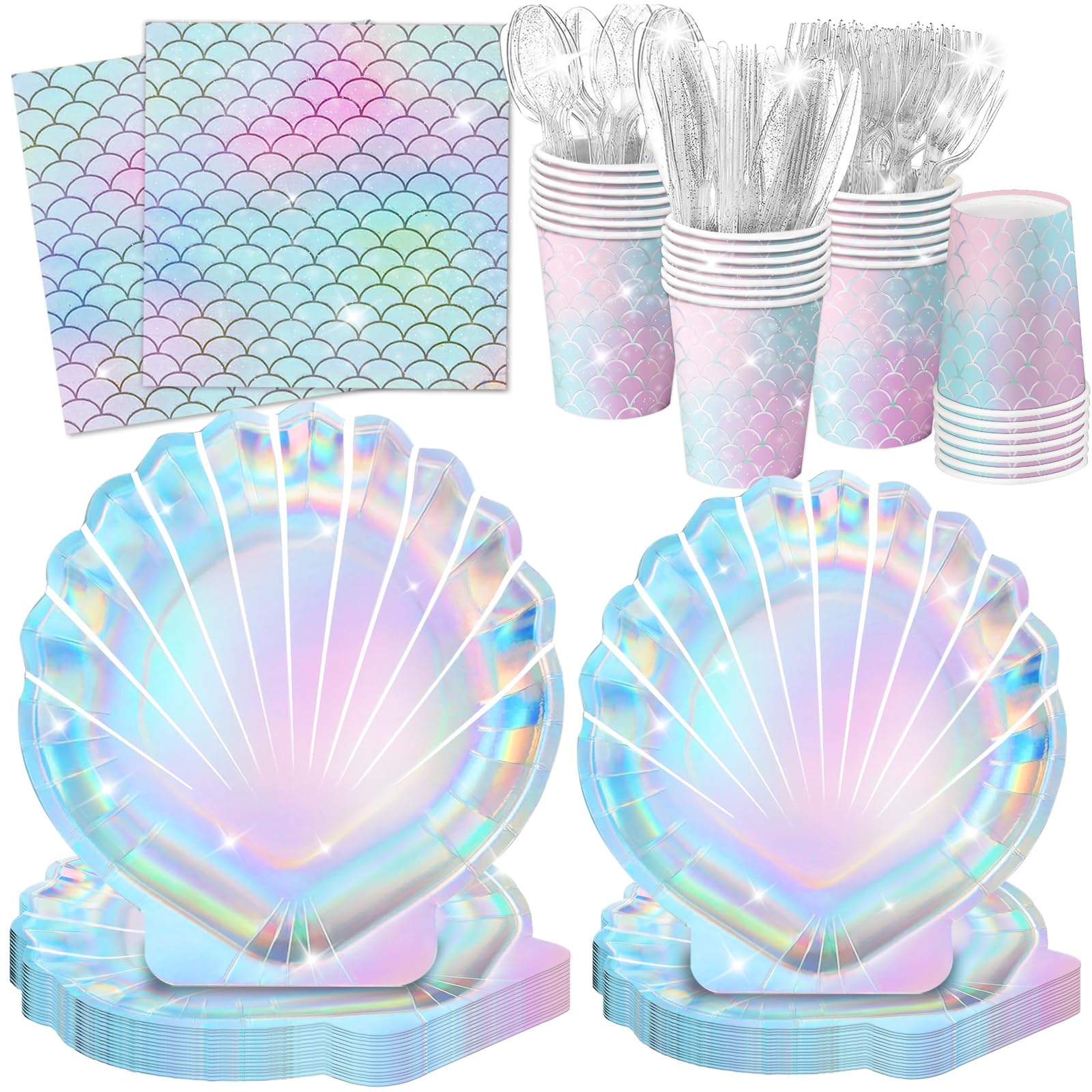 QIYANPAX 144 Pcs Mermaid Party Supplies Mermaid Birthday Decorations Includes Plates Napkins Cups Cutlery for Under the Sea Party Decorations, Serve 24
