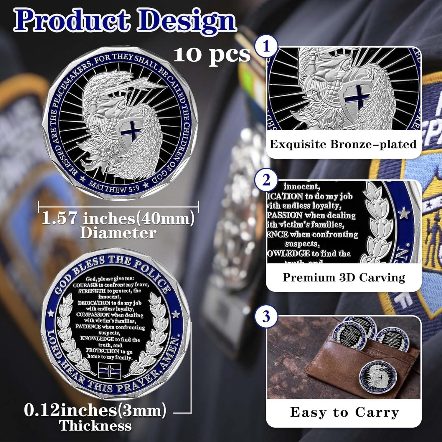 10Pcs Saint Michael Police Officer Challenge Coin God Bless The Law Men Prayer Bulk Gift
