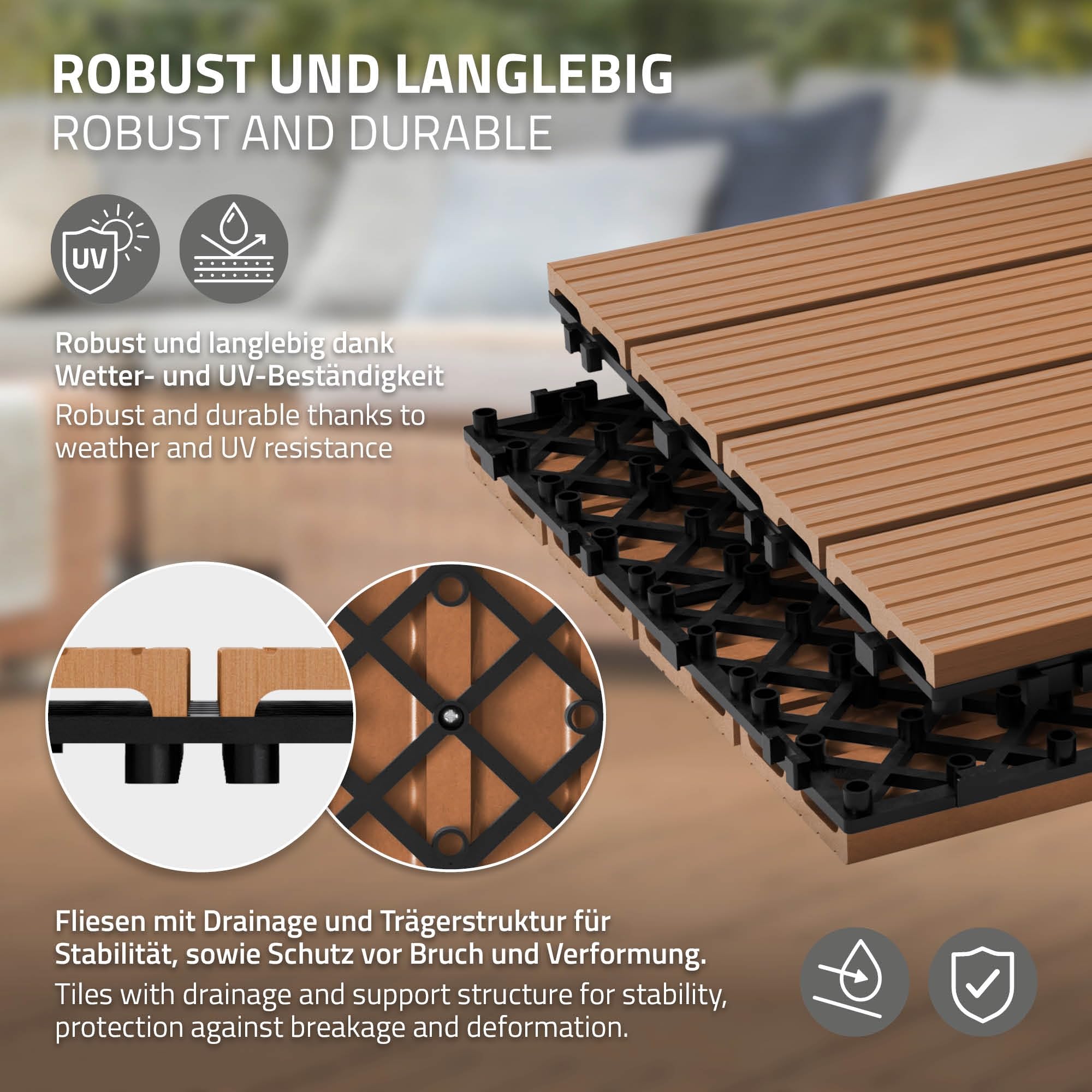 ECD Germany Piastrelle per Pavimenti da Esterno Piastrelle per Terrazze in WPC 30x30 cm Set di 22 pezzi per 2m ² Marrone Chiaro con Aspetto Legno Piastrelle da Giardino con Drenaggio e Sistema Plug-In