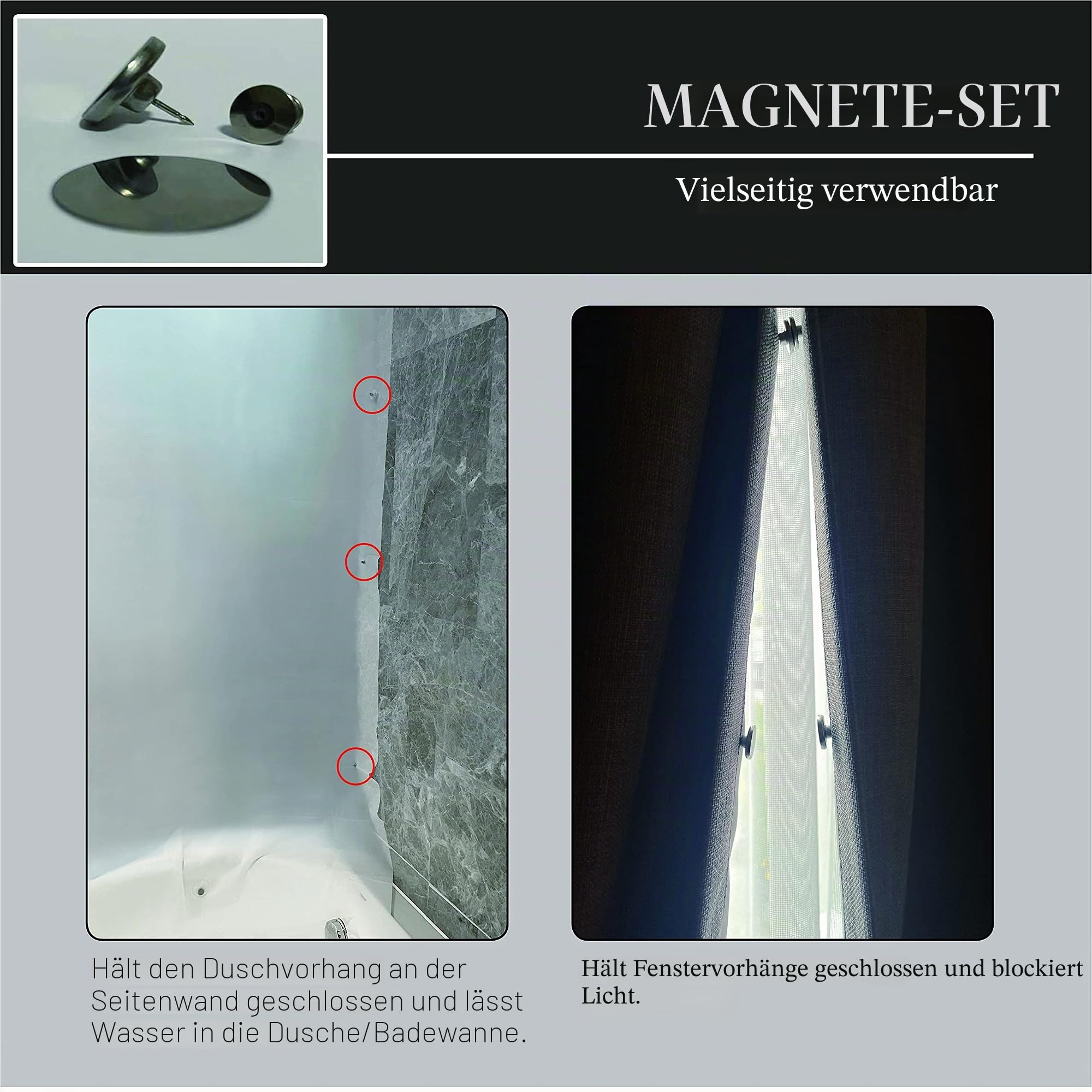 Duschvorhang-Seitenmagnete, um den Vorhang an der Wand geschlossen zu halten, 8 Stück magnetische Clips, Spritzschutz für die Seite der Dusche, 8 Stück, Silber
