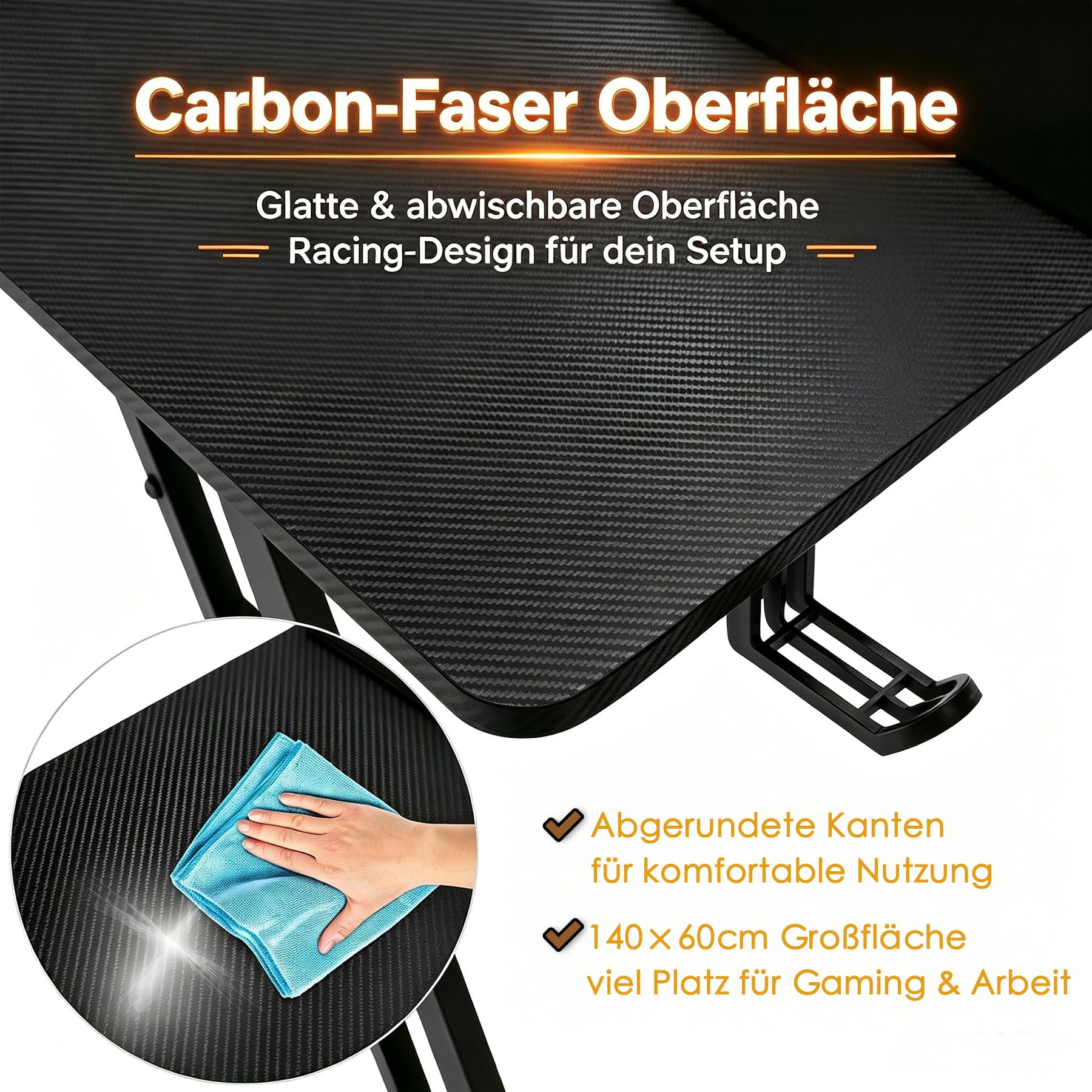 Froadp Gaming Schreibtisch 140x60cm Z-förmiger PC Gaming Tisch Schwarz Kohlefaseroberfläche Ergonomischer Computertisch mit Getränkehalter und Kopfhörer Haken 150 kg Belastbarkeit