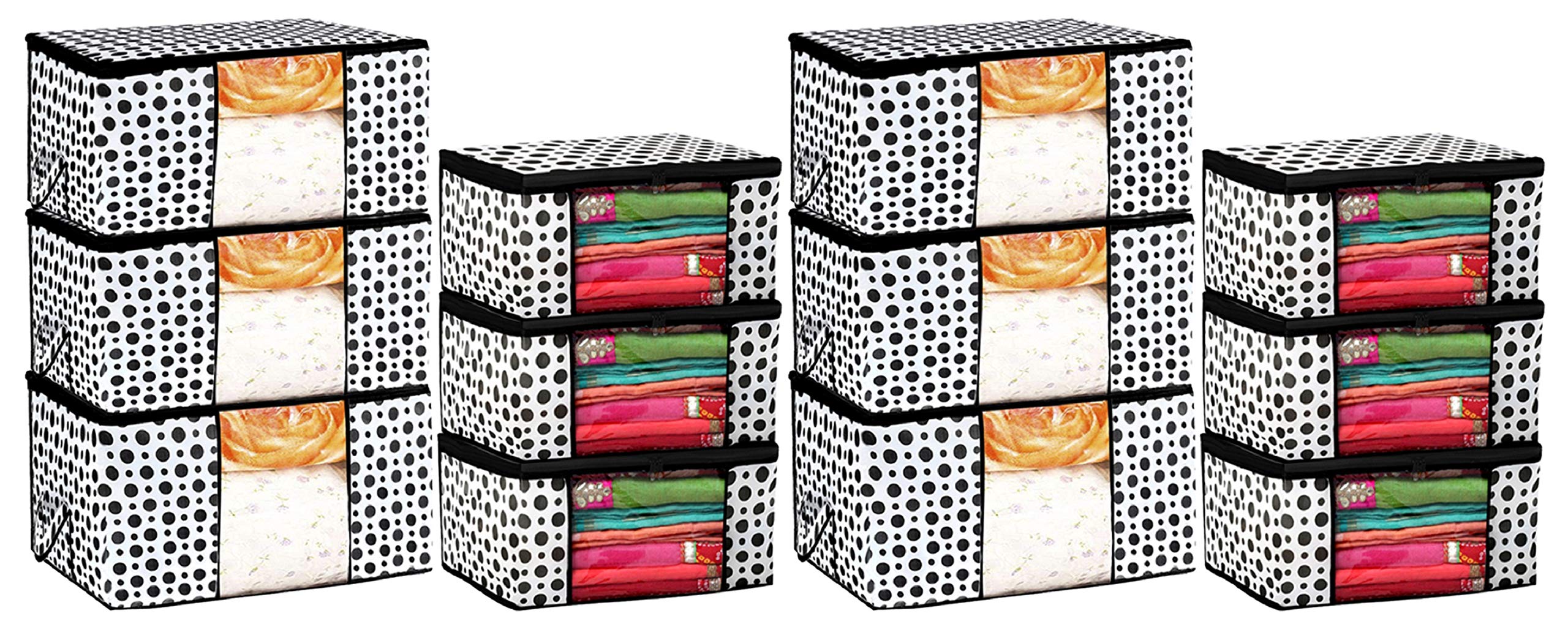 Kuber Industries Exclusive Polka Dots Design 6 Piece Non Woven Saree Cover and 6 Pieces Underbed Storage Bag, Storage Organiser, Blanket Cover (Black & White) -CTLTC038126, Black & White, L