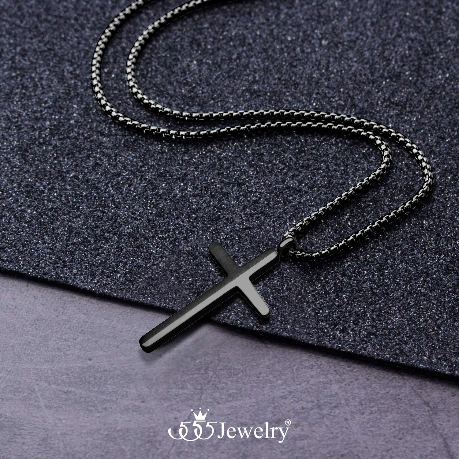 555Jewelry Collar de cruz de acero inoxidable para hombres y niños, cadena de caja de 40 a 60 cm negro