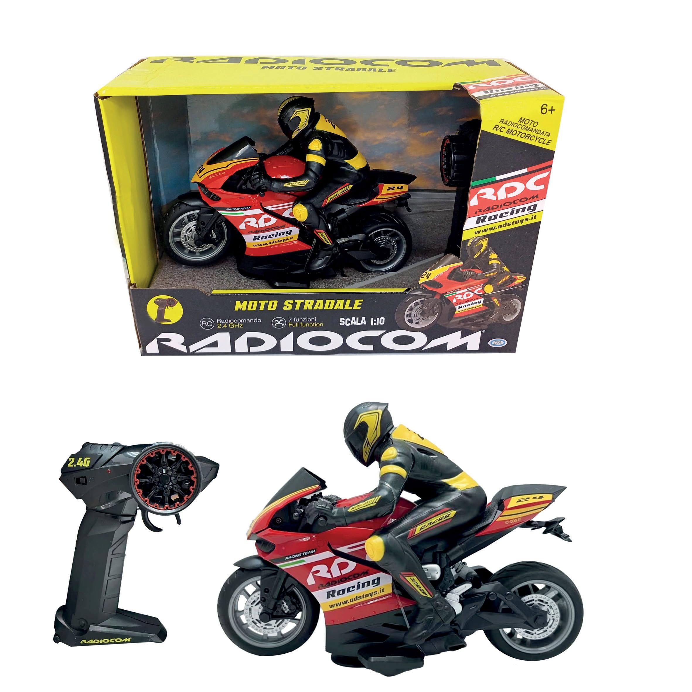 ODS - Radiocom Moto de Carretera, Moto teledirigida Juguete, Mando a Distancia 2.4 GHz, 7 Funciones, Escala 1:10, Edad +6 años