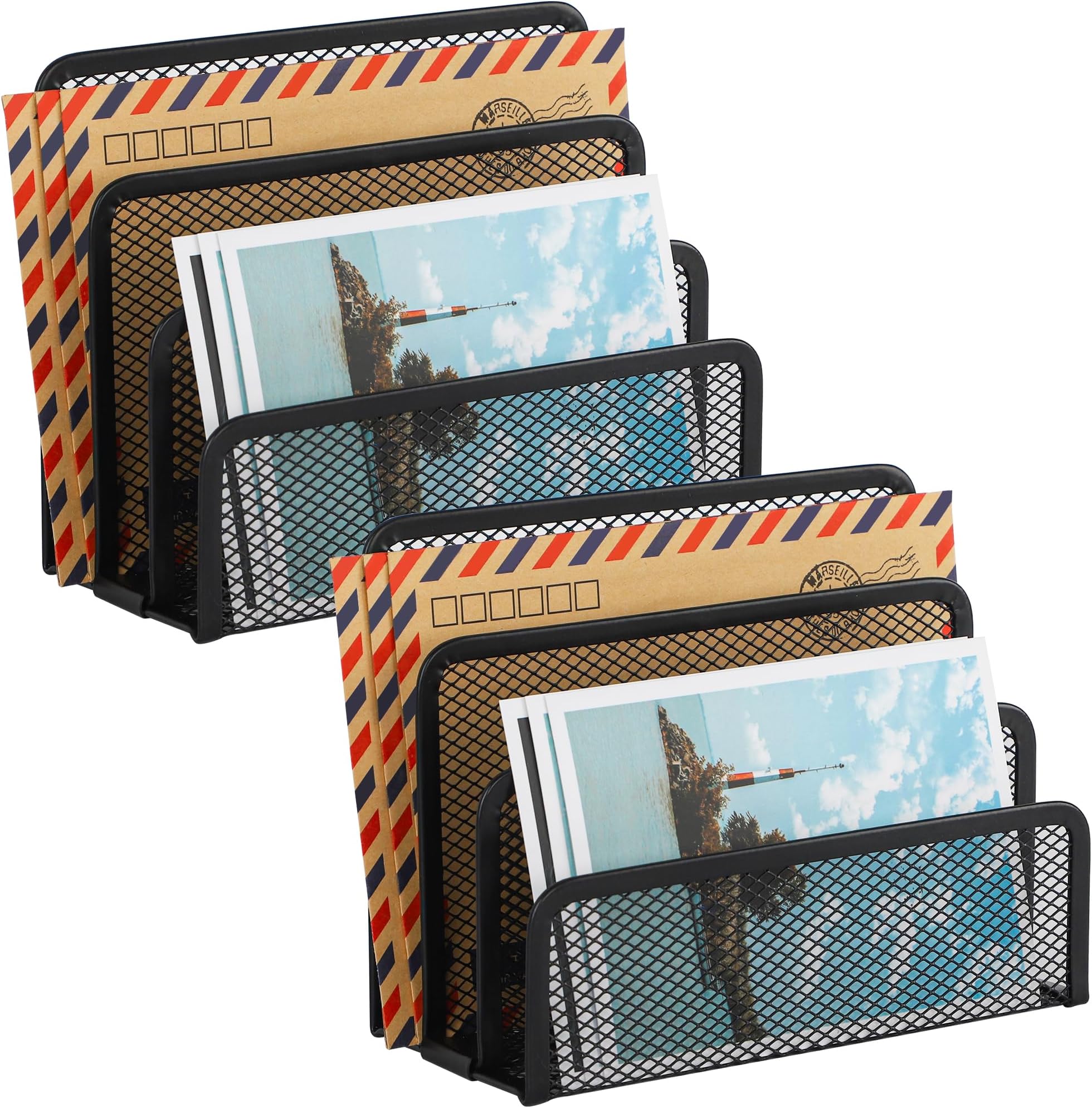 EASEPRES Desk Mail Organizer, Office Small Desktop Metal Mesh Envelope Letter Sorter Paper File Holder Organizer with 3 Vertical Upright Compartments, Black 2 Pack