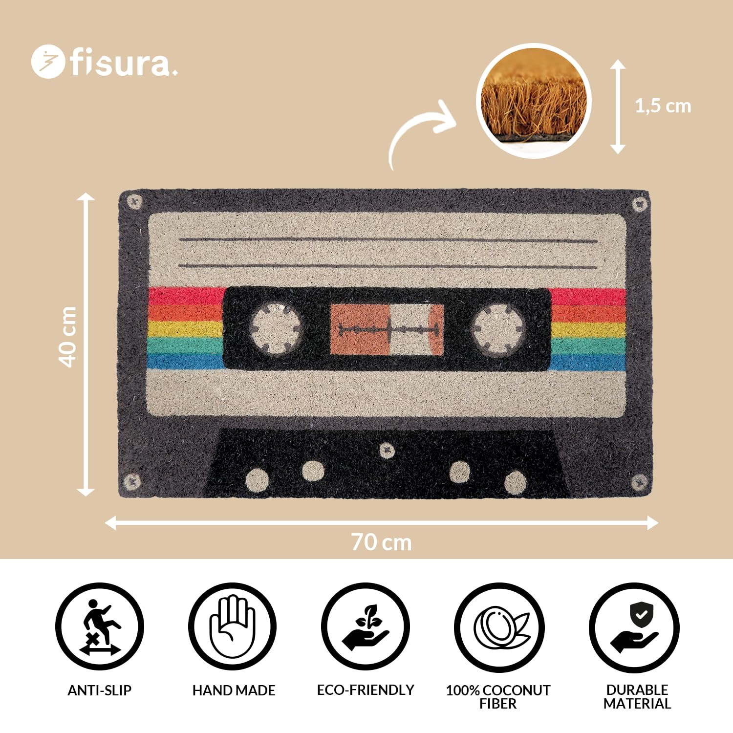 Fisura. - Odern Coconut Doorat With Non-Slip PVC Backing Dirt Trapper Door Mats Indoor And Outdoor Entrance Door Mat Original Hand Painted Doormat Size: 70cm X 40cm Black P 357051578 - View #3