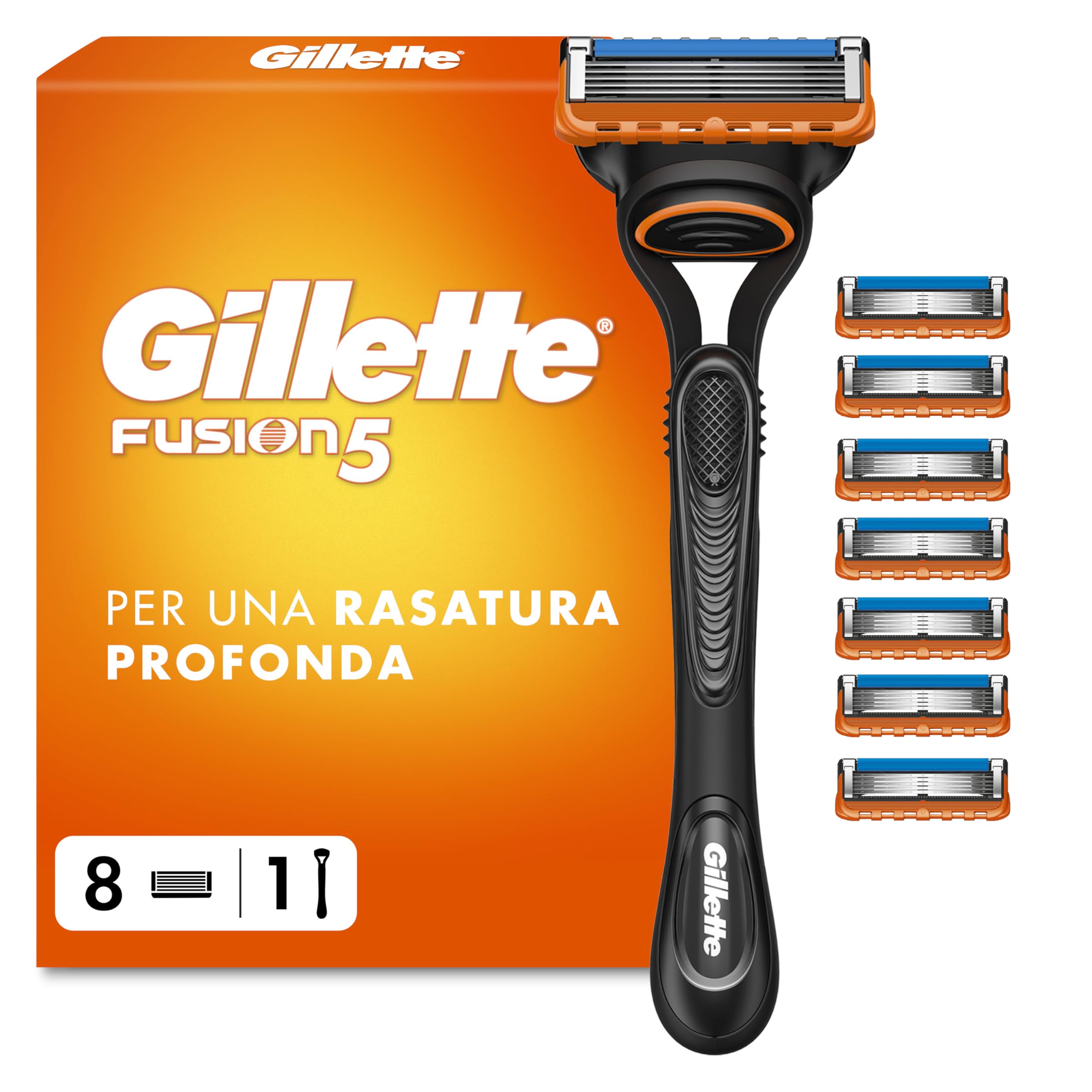 Gillette Rasoio Barba Manuale + 8 Lamette Gillette Fusion 5, LAMETTE DA BARBA Di Ricambio a 5 Lame e Rasoio Manuale Fusion 5, Rasatura Scorrevole con Striscia Lubrificante