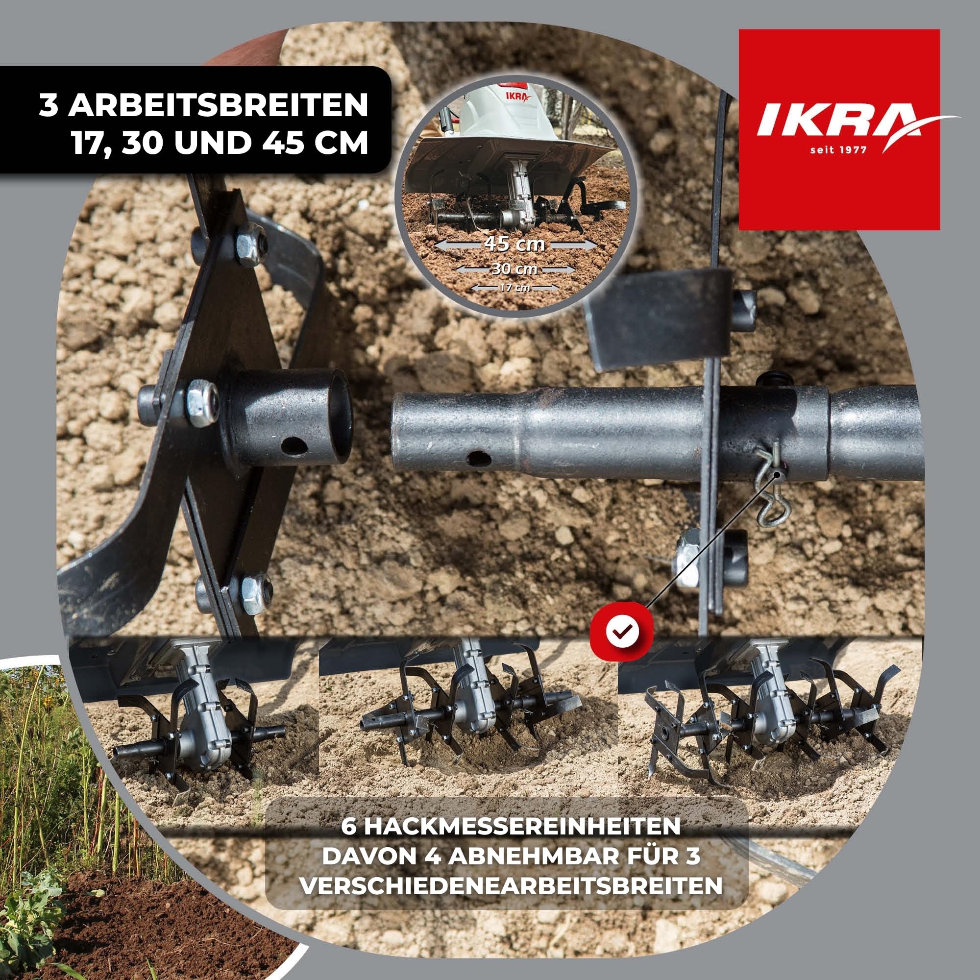 IKRA Elektro Bodenhacke FEM 1500, flexibel 3 Arbeitsbreiten 17, 30 & 45cm | Boden lockern und Saatbett vorbereiten, 1500W, Arbeitstiefe 23cm, Bremssporn, Transportrad, zusammenklappbar, Überlastschutz