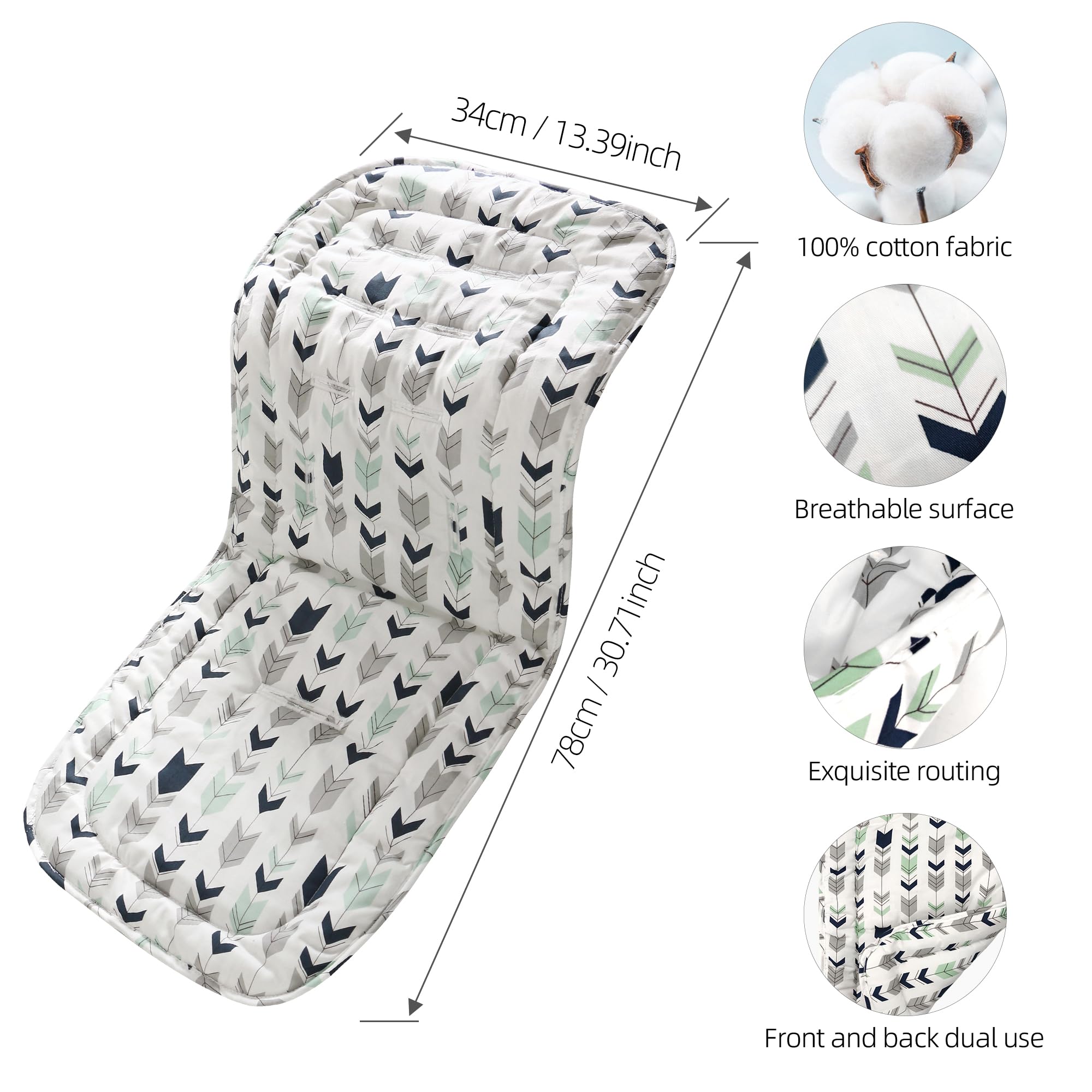 Miracle Baby Cojín Carro Bebe,Colchoneta Silla Paseo Universal Transpirable,Cojín Silla de Paseo para el Cochecito y Asiento de Carro, 100% Algodón (Flecha)
