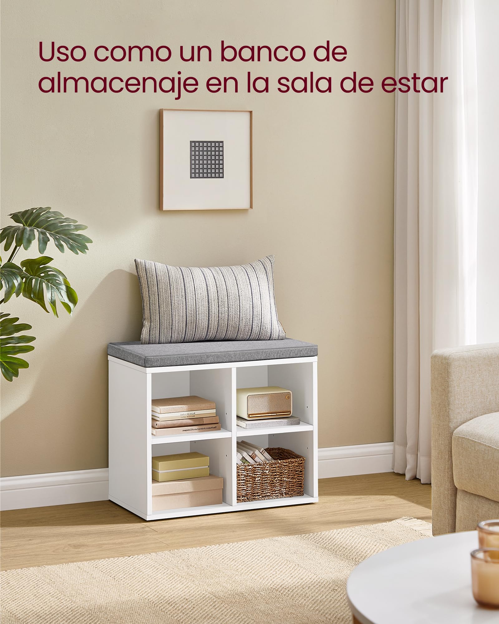 VASAGLE Banco Zapatero, Mueble Zapatero, Banco Recibidor con 4 Compartimentos y Asiento Acolchado, 30 x 105 x 48 cm, Entrada, Dormitorio, Sala de Estar, Blanco y Gris LHS234W01