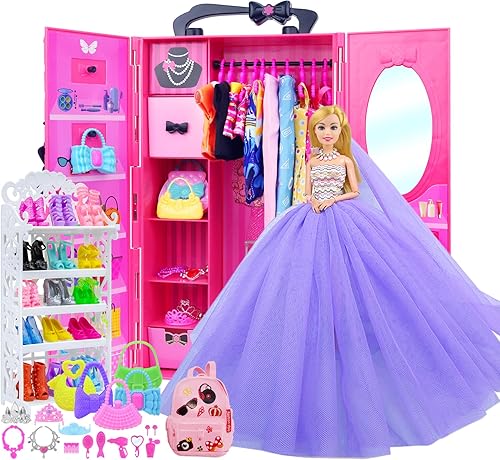 K.T. Fancy Conjunto de armario para muñecas con vestido de novia, falda, armario y otros accesorios
