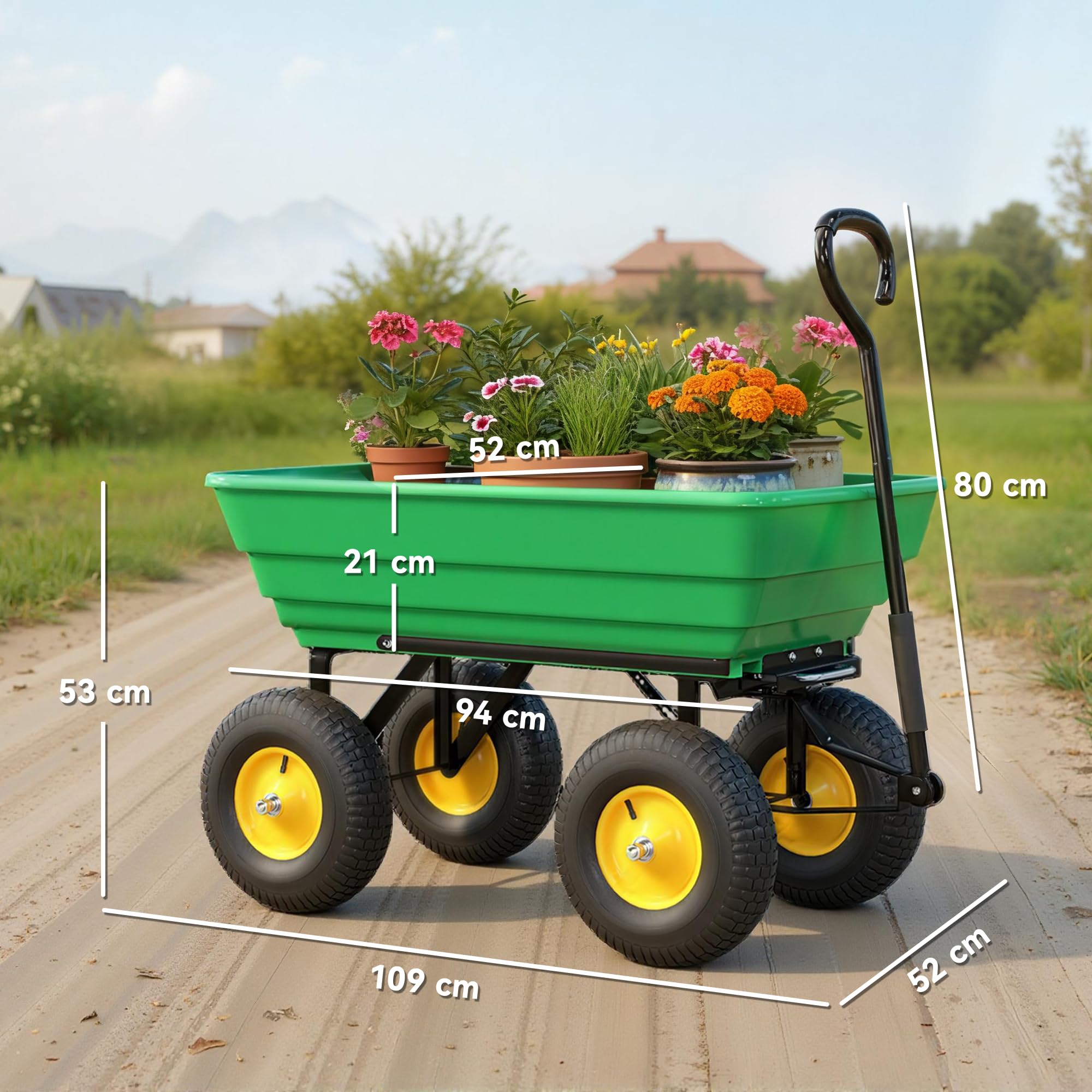 Outsunny Carrello da Giardino 75L in Acciaio e PP con Vasca ribaltabile e Maniglia da Trasporto, 109x52x94 cm, Verde Scuro