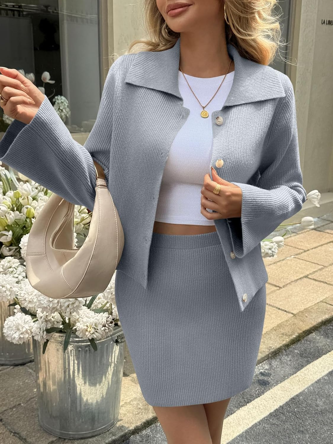 Saodimallsu Womens 2 Piece Sweater Skirt Sets Long Sleeve Collared Button Cardigan Knit Mini Skirt Two Piece Fall Outfits - Image 2