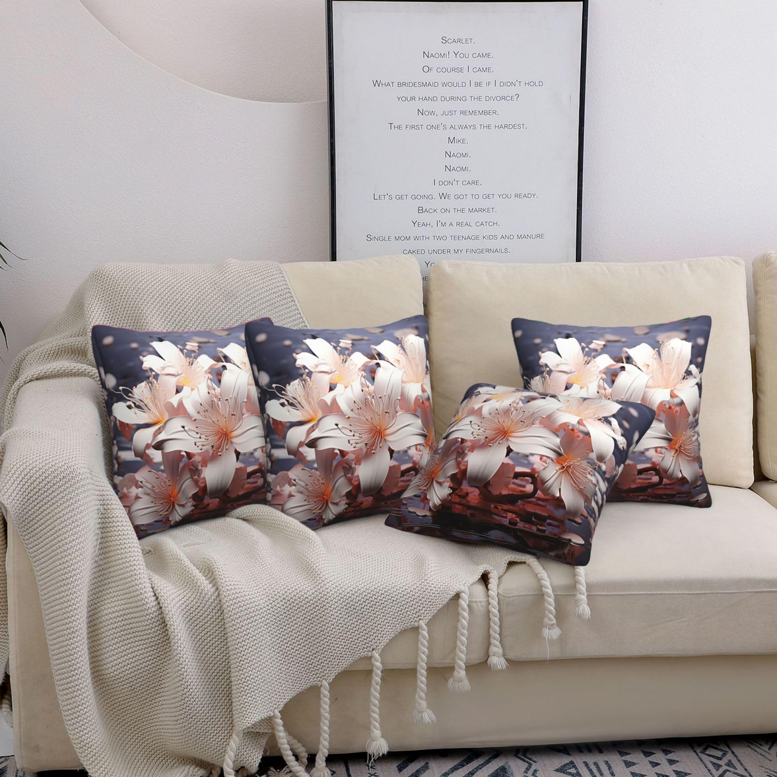 Housses de coussin de salon modernes : lot de 4 carrés fleurs délicates 50x50 pour sofa