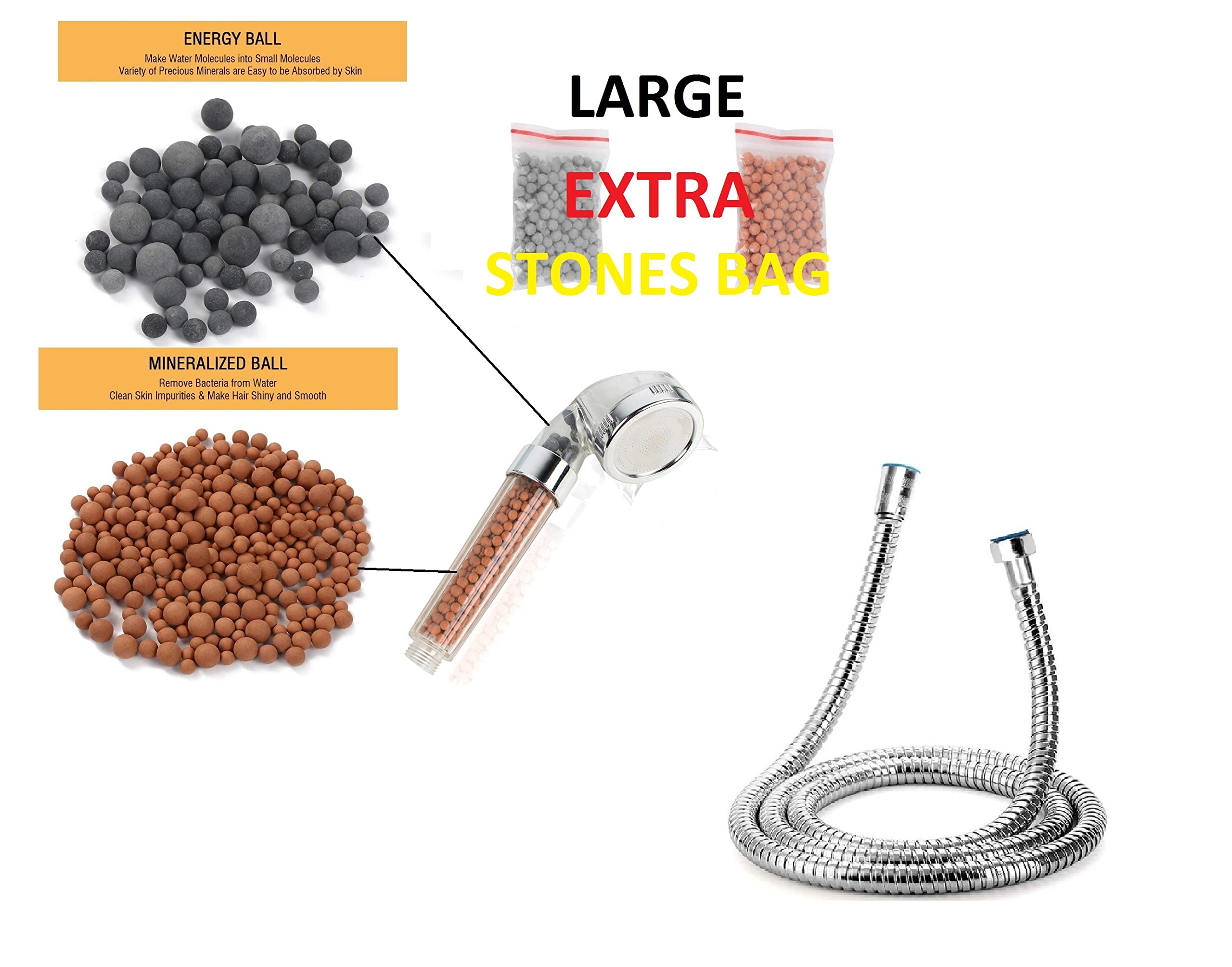 Alcachofa de ducha con 7 luces LED que cambian de color, manguera de filtración iónica de 1,5 m, cuentas de cabezal de ducha extra bioactivo, bola mineral bioactiva