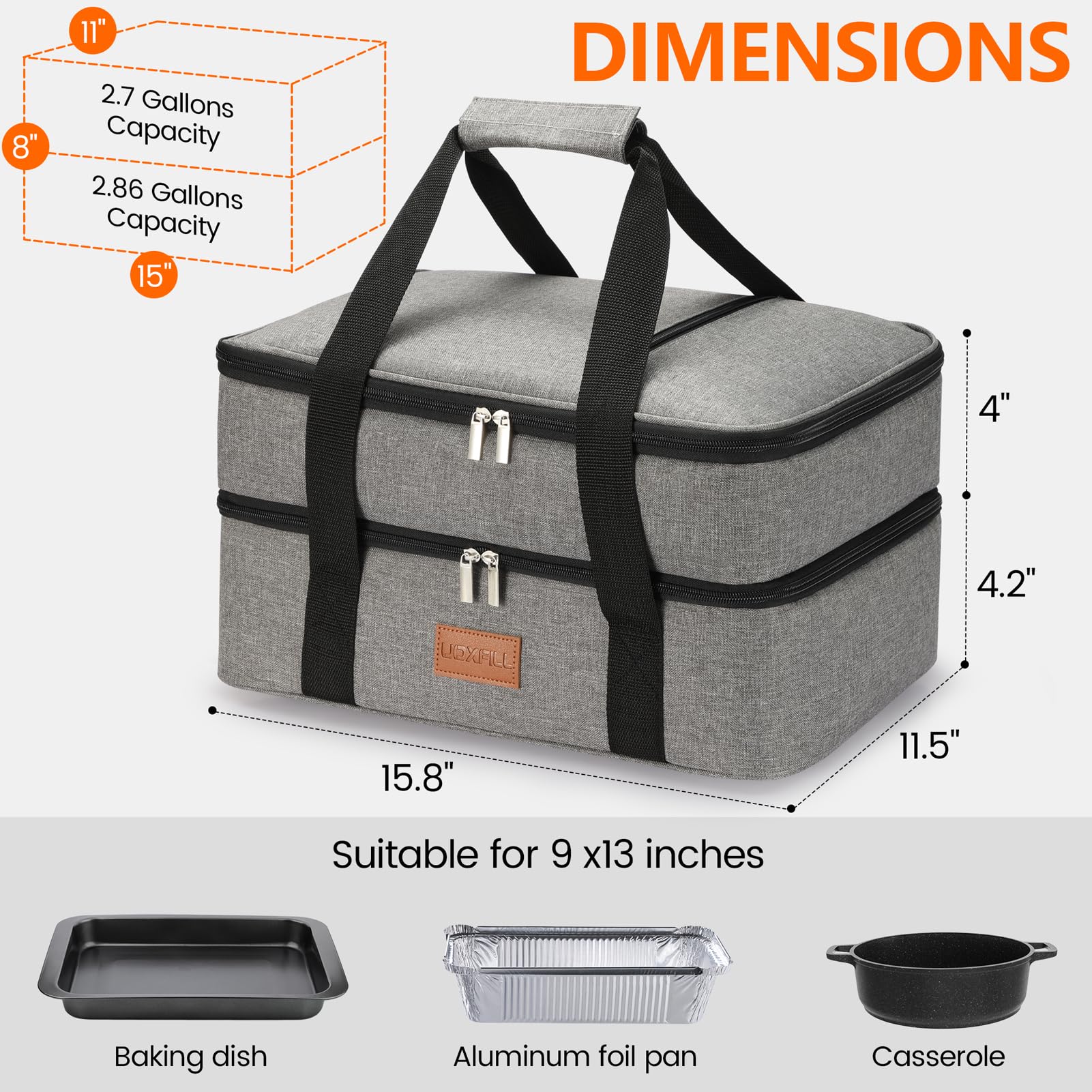 Bolsa de almuerzo térmica aislada para alimentos de dos pisos para alimentos calientes o fríos, bolsa de mano aislada para comidas al aire libre, picnic, soporte para lasaña, se adapta a bandeja para