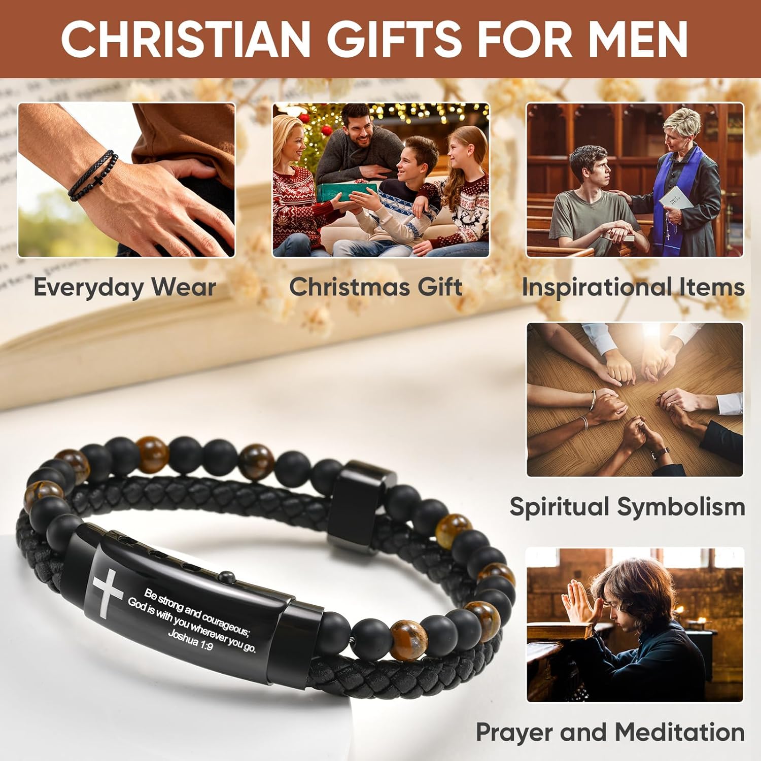 Men's Christian Cross Black Leather Bracelet Gifts for Men, Double-Row Braided Leather Cross Bracelet Bible Verse Agate Onyx Beaded Bangle Gifts for Son Grandson Husband Boyfriend Brother - Image 4