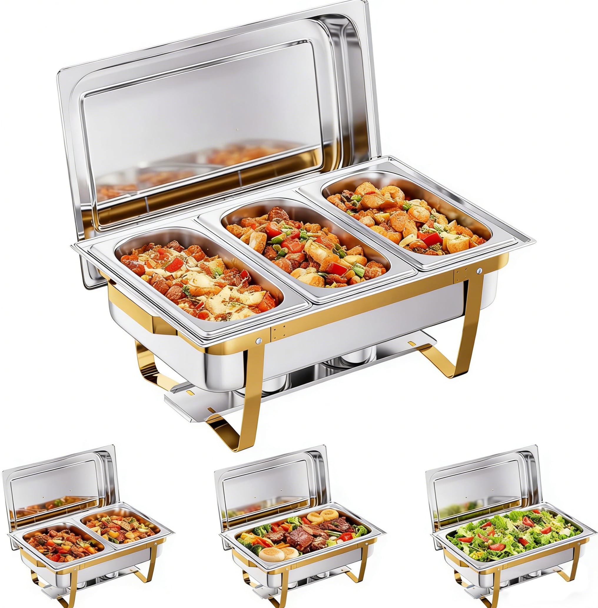 Juego de 4 platos de acero inoxidable de 9 cuartos de galón, con tapas y sartenes, calentadores de alimentos apilables con marco plegable, para fiestas, catering, eventos de vacaciones