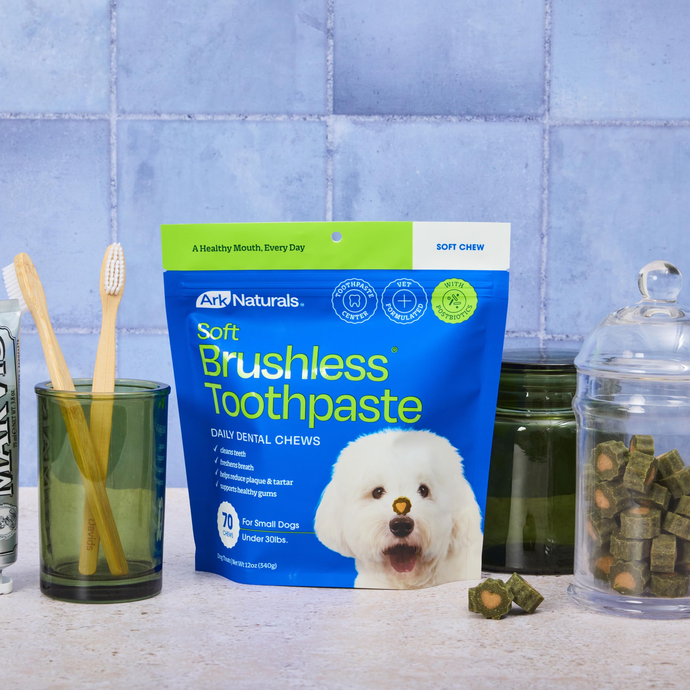 Ark Naturals Dentifrice doux sans brosse + lot d'éclats d'haleine – Formulé par un vétérinaire pour chiens de petite race – Aide à réduire la plaque dentaire et le tartre, polit les dents et