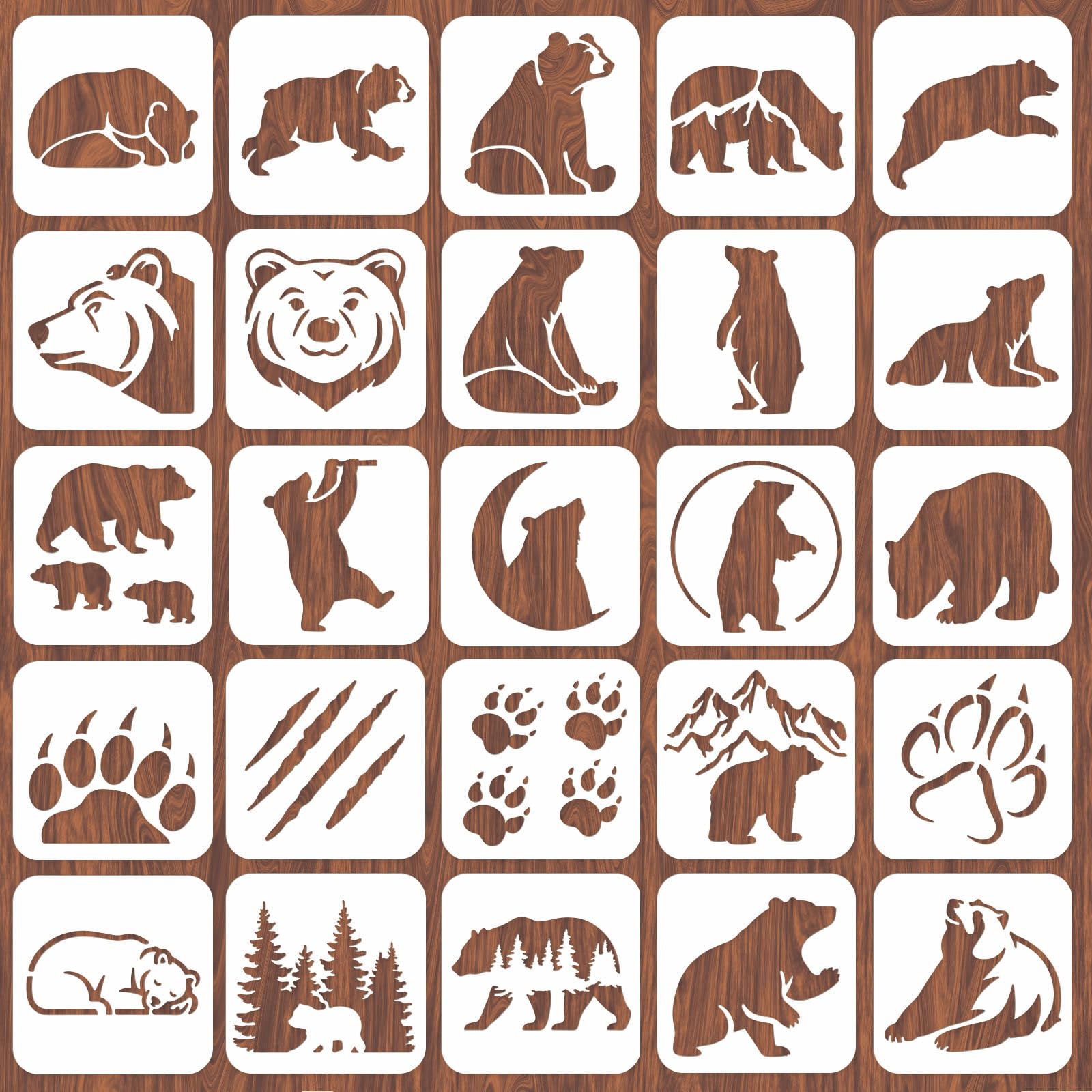 INFUNLY 25Pcs Bear Painting Stencil for Wall 5.9×5.9" Reusable Bear Claw Wall Stencils Animals Painting Template Small Walls Stencil Templates for Crafts Cement Wood Furniture Nursery Bedroom