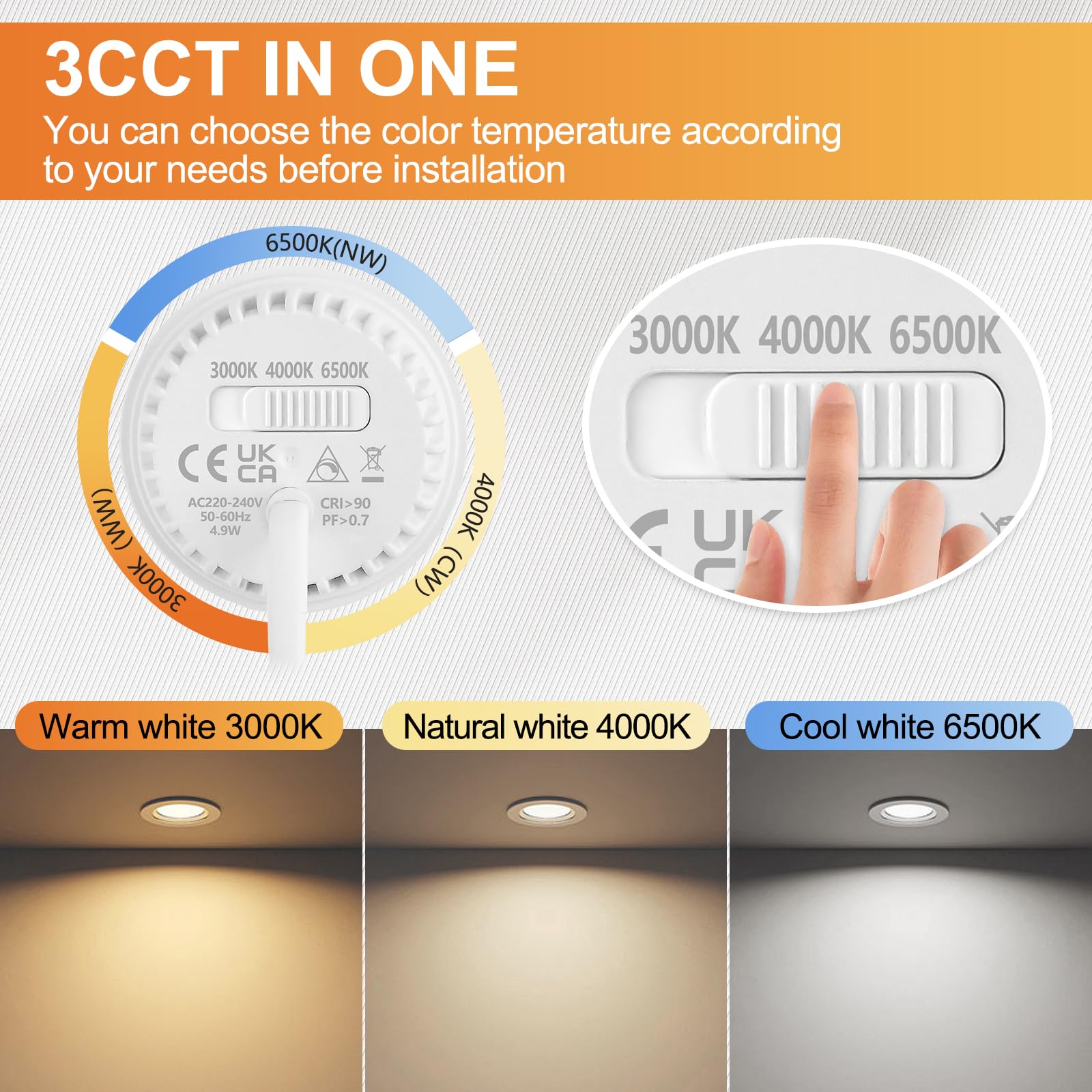 KYOTECH 10er Set LED Modul Ultra Flach ø50x23mm 3CCT 4.9W 500LM Warmweiß 3000K Naturalweiß 4000K Kaltweiß 6500K Dimmbar LED Modul Ersetzt GU10 MR16 Leuchtmittel 120° für Einbaustrahler Aufbauspot