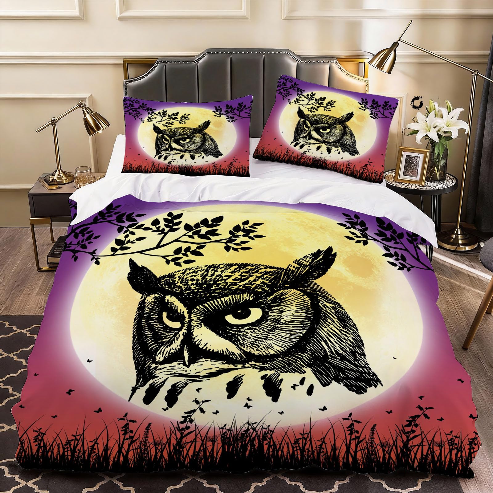 3D Owl Duvet Cover Silhouette Bedding Super King Bed Set, Soft Microfiber Comforter Cover Printed with Zipper Closure Quilt Coverr 260x220 cm and 2 Pillowcases