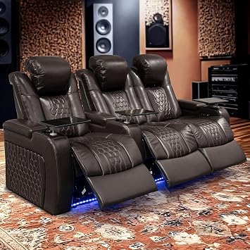 Home Theater Seating with Electric Headrest Power Leg Rest Storage Armrest and Detachable Carbon Fiber Table, Italian Leather Coffee Color, Row of 3 Loveseat Right