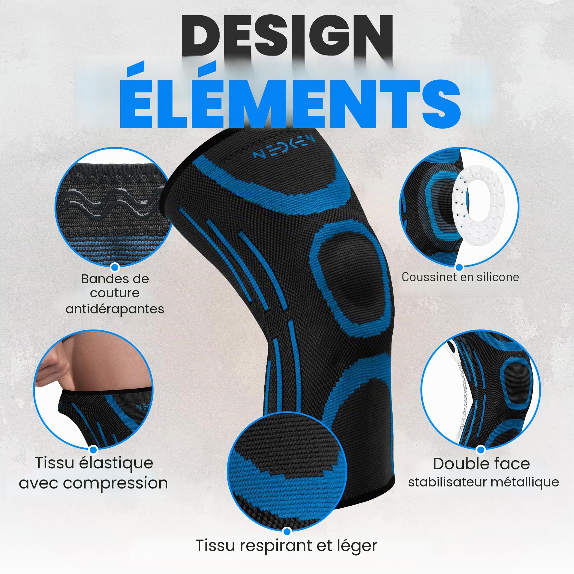 Genouillère – Genouillère de Compression, Orthèse de Soutien et Stabilisateur Ligamentaire pour le Sport, Genou, Ménisque, Douleur au Genou, Articulaire (Bleu, L)