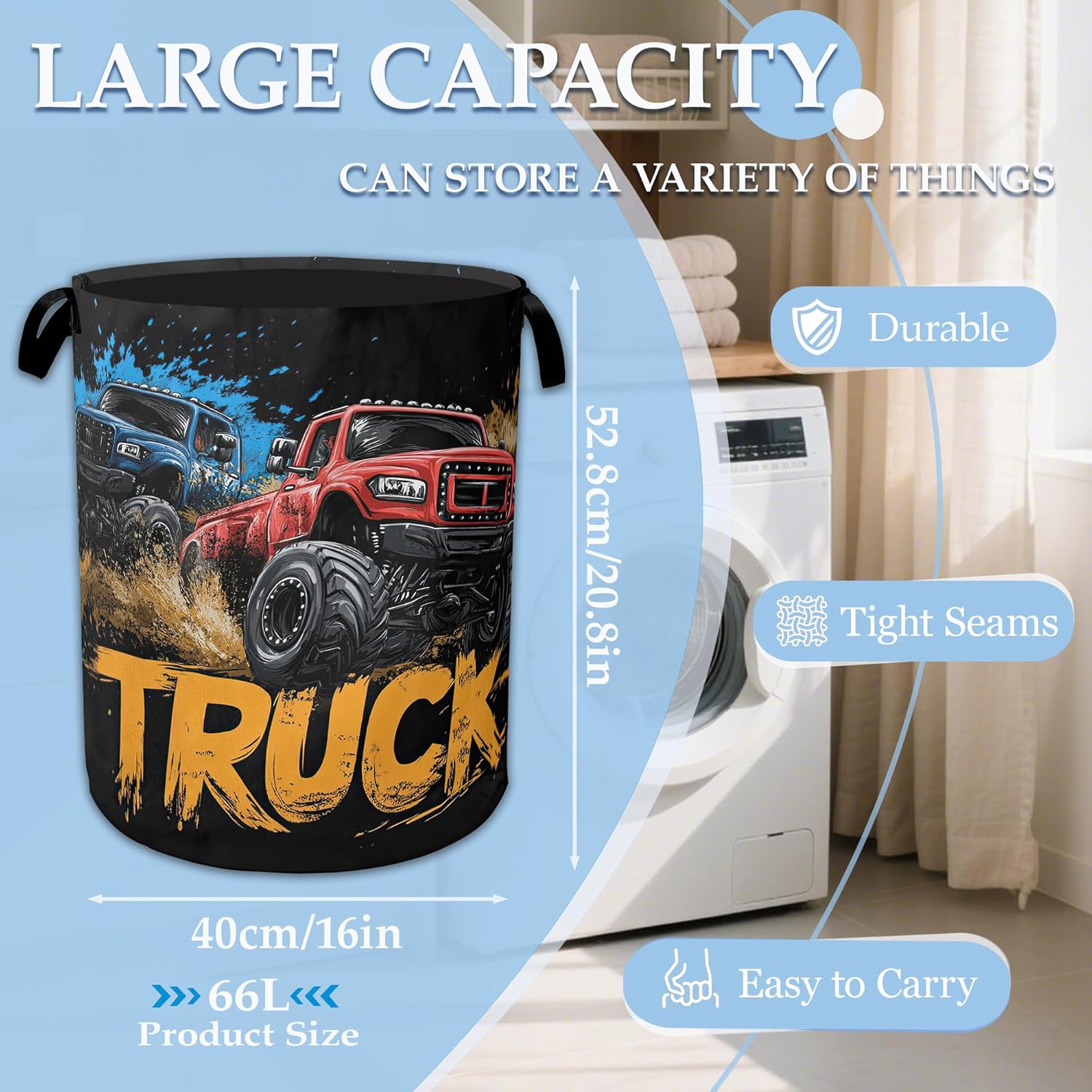 Trucks Laundry Basket Collapsible Laundry Hamper Clothes Toy Storage Bin for Bathroom Bedroom Room Decor 16" X 20.8"