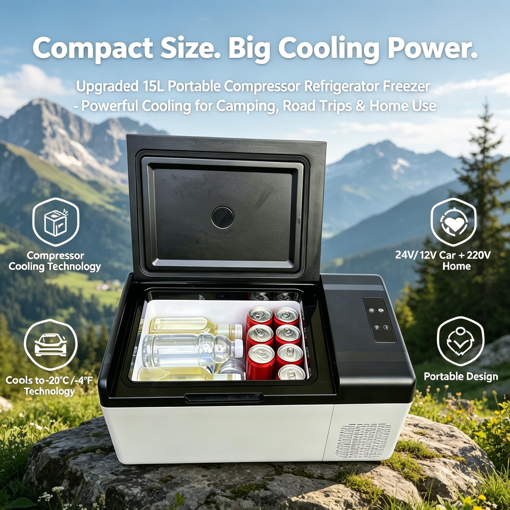 15L Frigorifero Auto a Compressore 12V/24V, Congelatore -20°C | -20°C~20°C Refrigerazione & Congelamento, Compressore DC, Protezione Batteria Auto per Viaggi, Pesca, Uso Esterno e Domestico