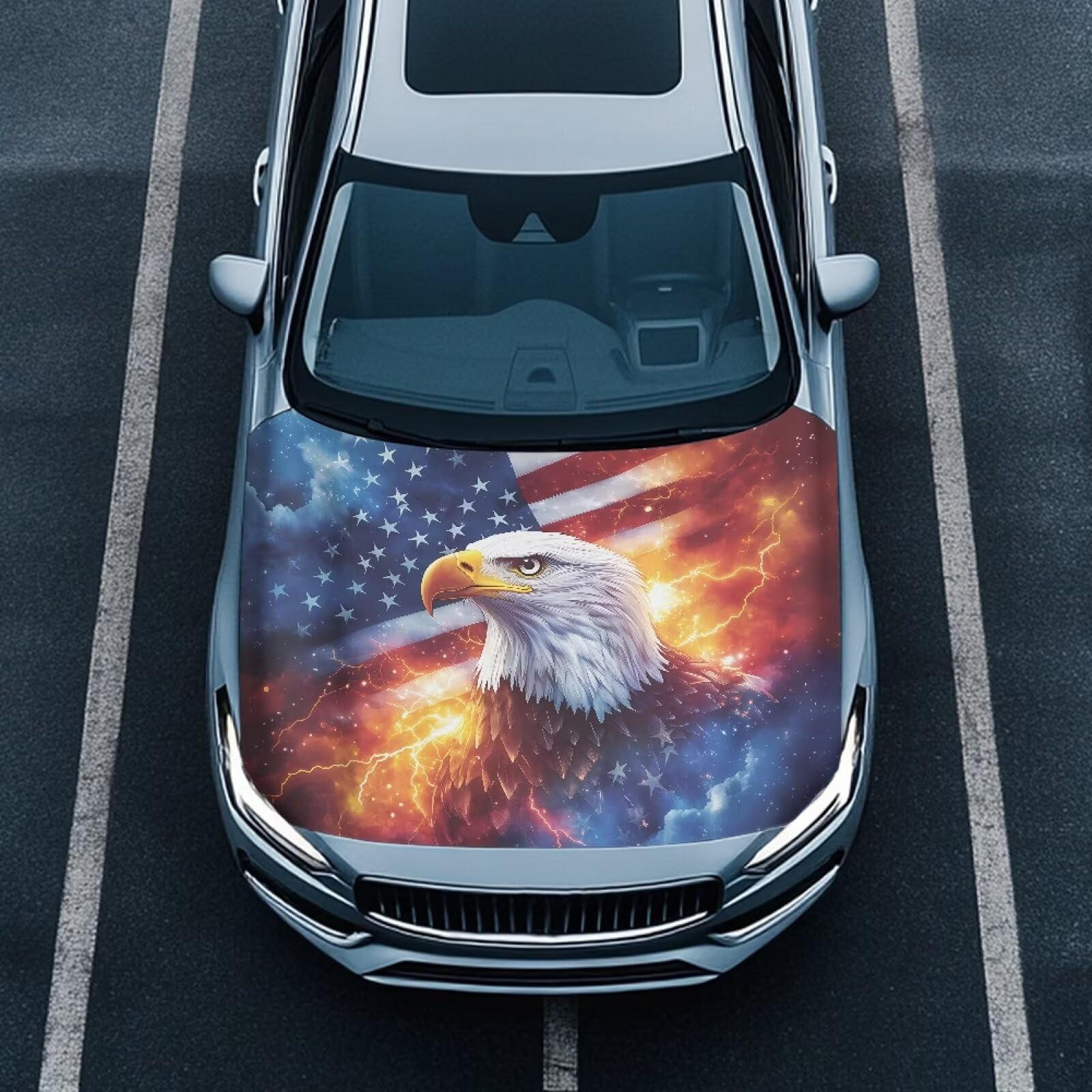 Renewold Eagle American Flag Flame Car Hood Cover Protector Hood Covers for Cars Hood Wrap Blanket Women Men Automotive Exterior Accessories Decor for Most Sedan Small SUV Truck