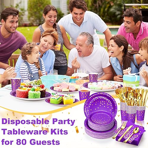 Miniatura 5 de Sieral 560 platos de fiesta morados y dorados para 80 invitados, juego de vajilla desechable, platos de papel de postre con servilletas moradas,