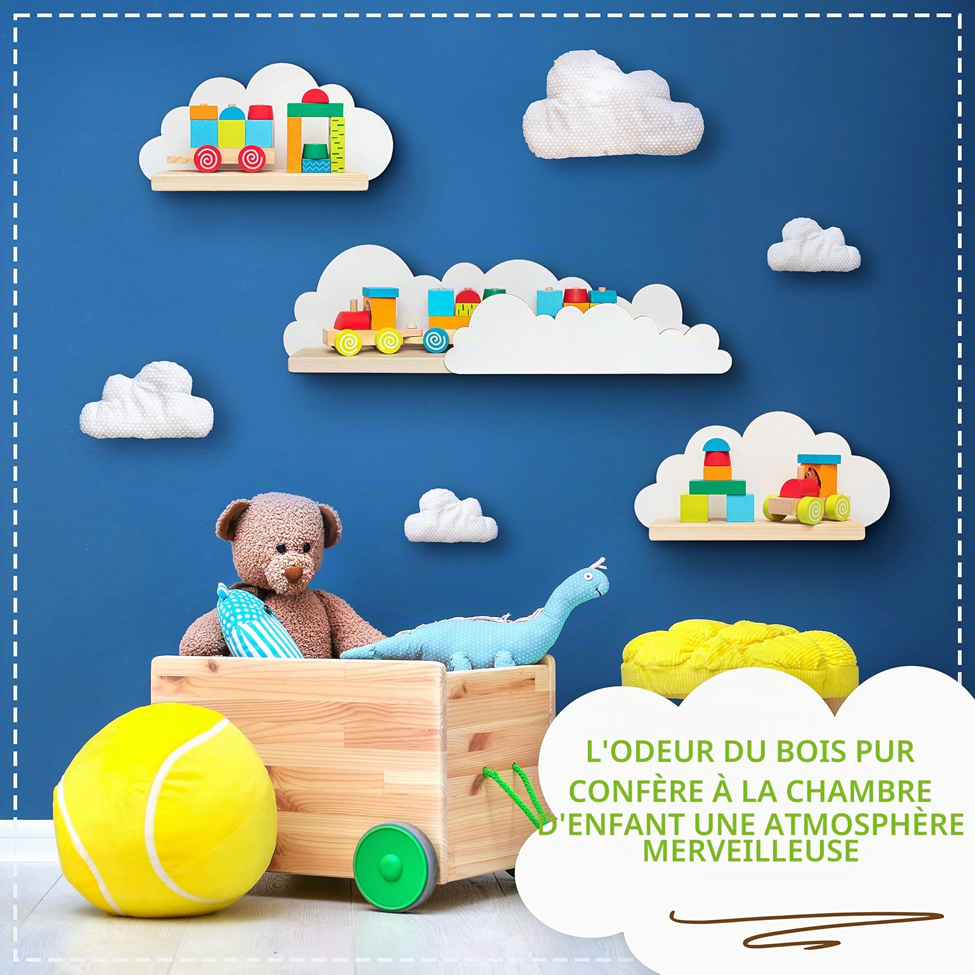 Outentin Lot de 3 étagères murales nuages pour chambre d'enfant, en bois naturel, en forme de nuage, avec supports et chevilles de fixation, blanc