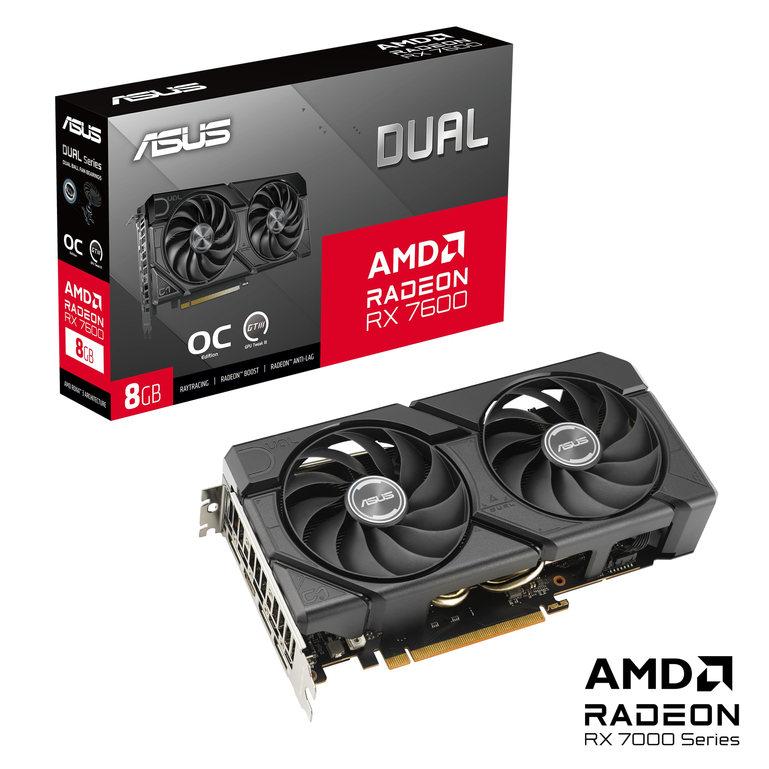 ASUS Dual Radeon RX 7600 EVO OC Edition - Tarjeta gráfica (PCIe 4.0, 8 GB GDDR6, HDMI 2.1, DisplayPort 1.4a, diseño de 2,5 Ranuras, Ventiladores Axial-Tech, GPU Tweak III)
