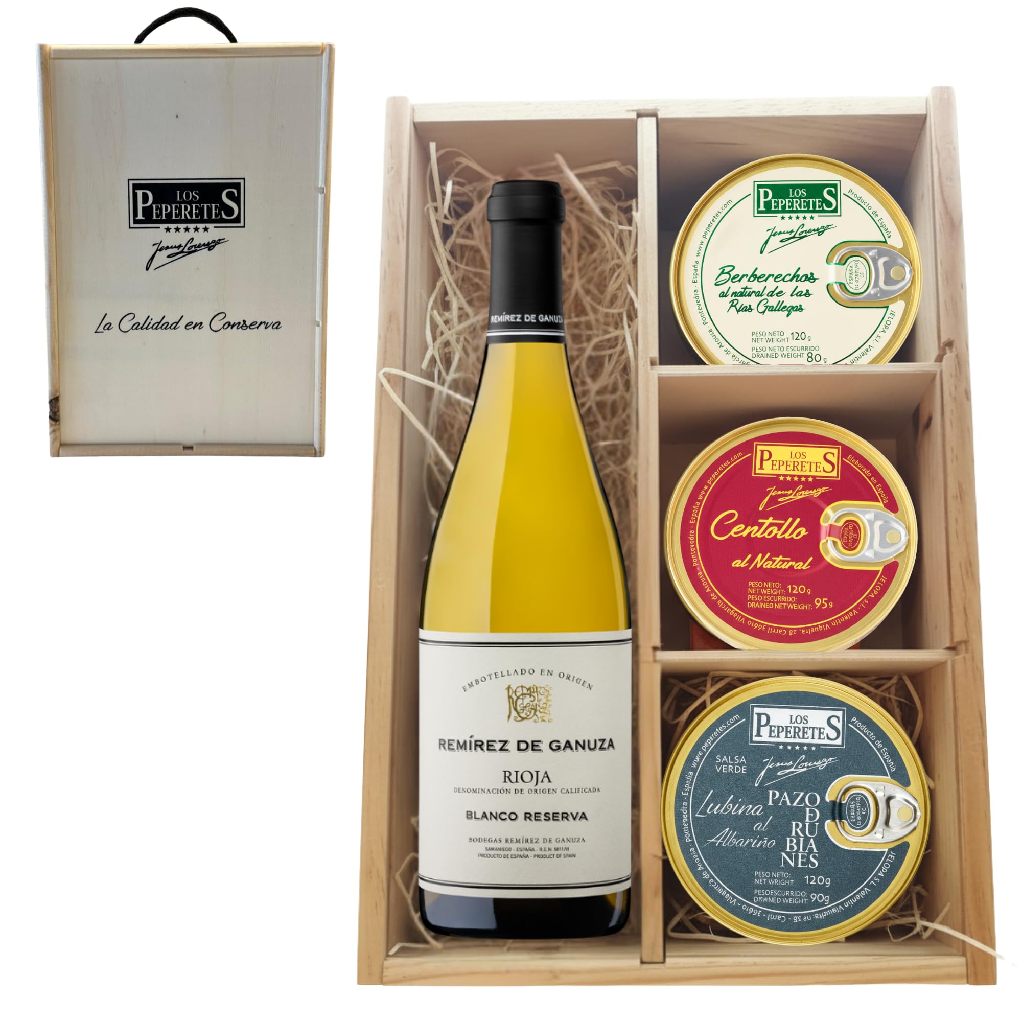 LOS PEPERETES Pack Superior Marisco Gallego + Vino Blanco Remírez de Ganuza | Berberechos al Natural ×2 · Centollo al Natural ×2 · Lubina al Albariño ×2 | Delicatessen Artesanal
