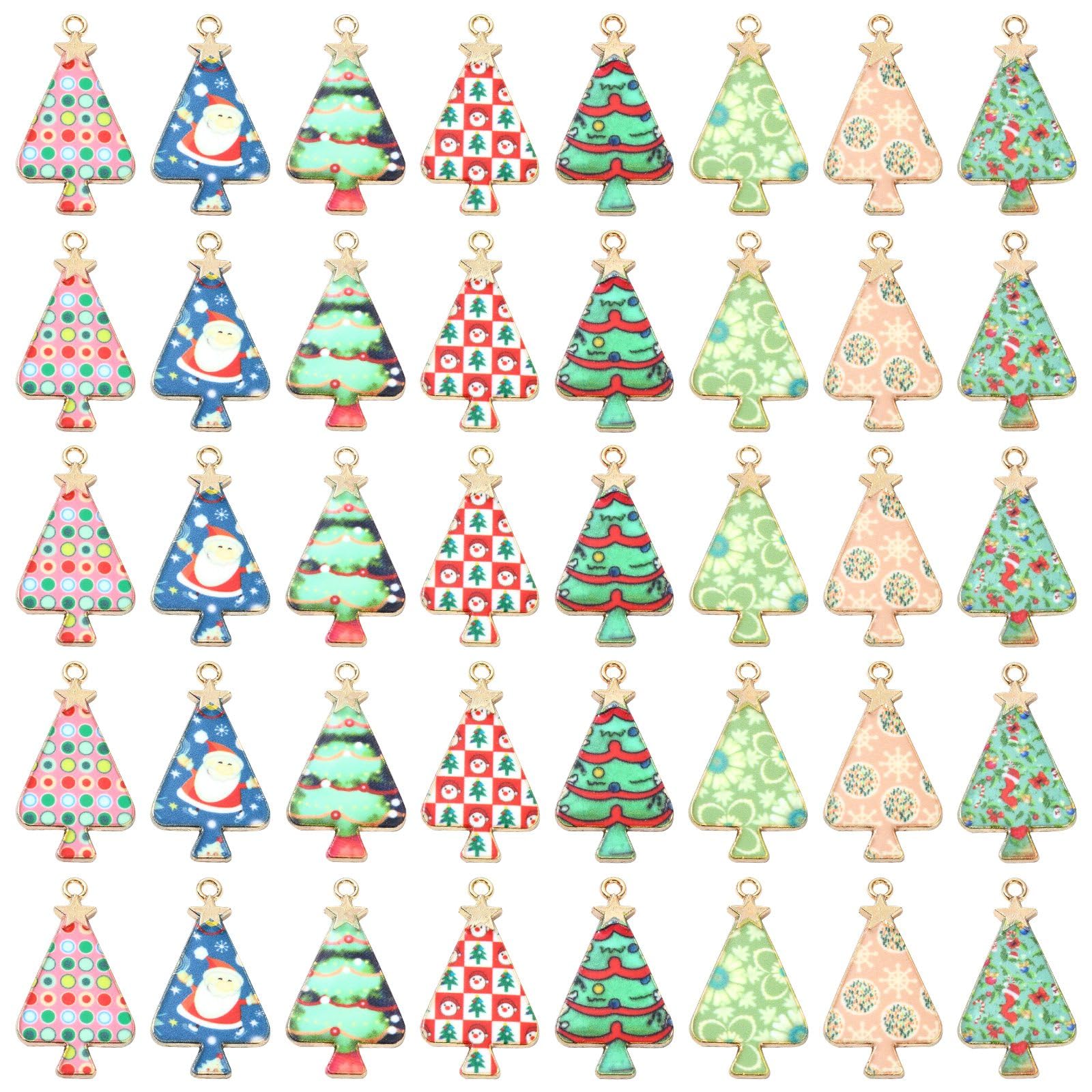 Stiesy 40Pcs 8 Styles Enamel Christmas Tree Charms Christmas Printed Tree Charm Pendant Xmas Tree Dangle Charms for DIY Jewellry Making Holiday Crafts Decor Present