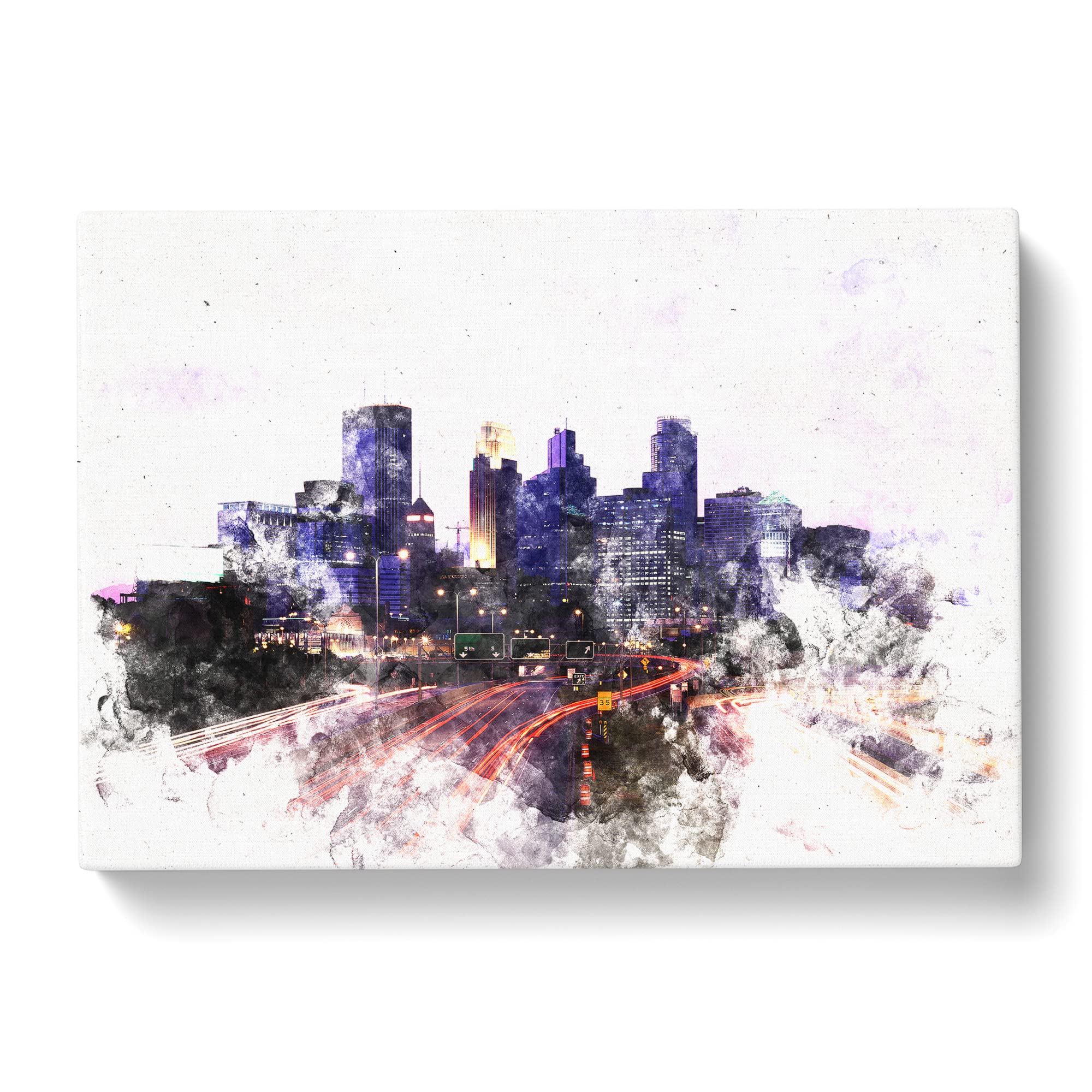 Minneapolis Skyline At Dusk Watercolour Canvas Print, Mixed, 25L x 50W cm - Image 2