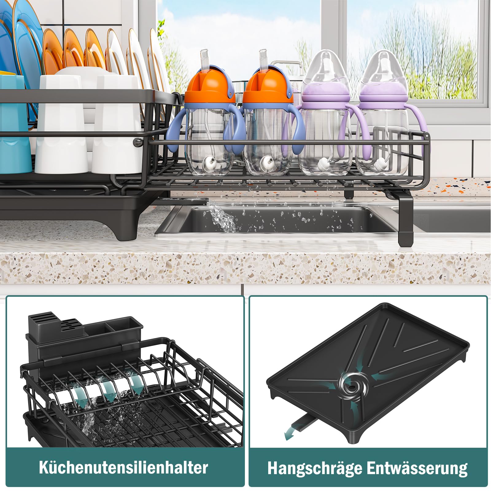 Abtropfgestell, ausziehbar, Geschirrabtropfgestell mit Utensilienhalter, platzsparend, Abtropfgestell, Küche, automatische Entwässerung