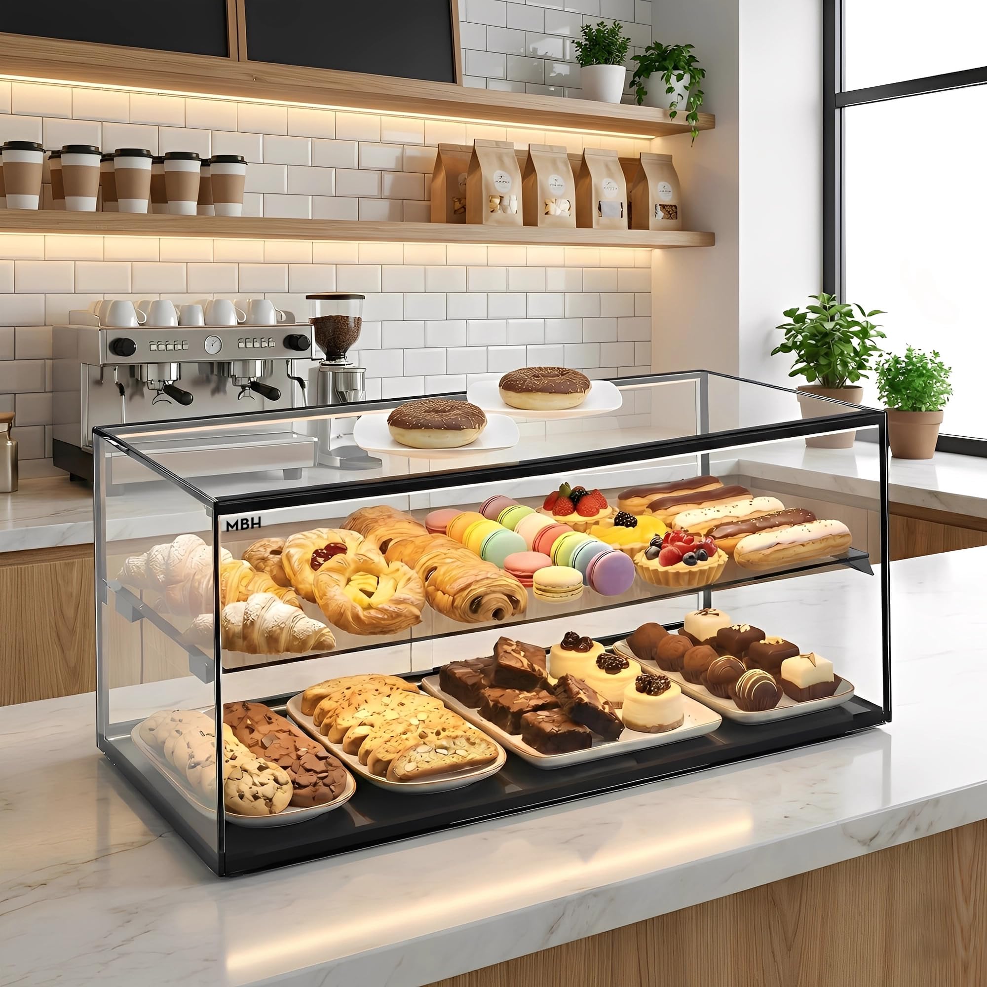 MBH - Vitrina Expositora Neutra de Sobremostrador 92x33 cm, Cristal Recto Templado, 2 Pisos, sin Iluminación LED, Puertas Traseras Correderas, para Bar, Cafetería, Restaurante, Bollería y Repostería.