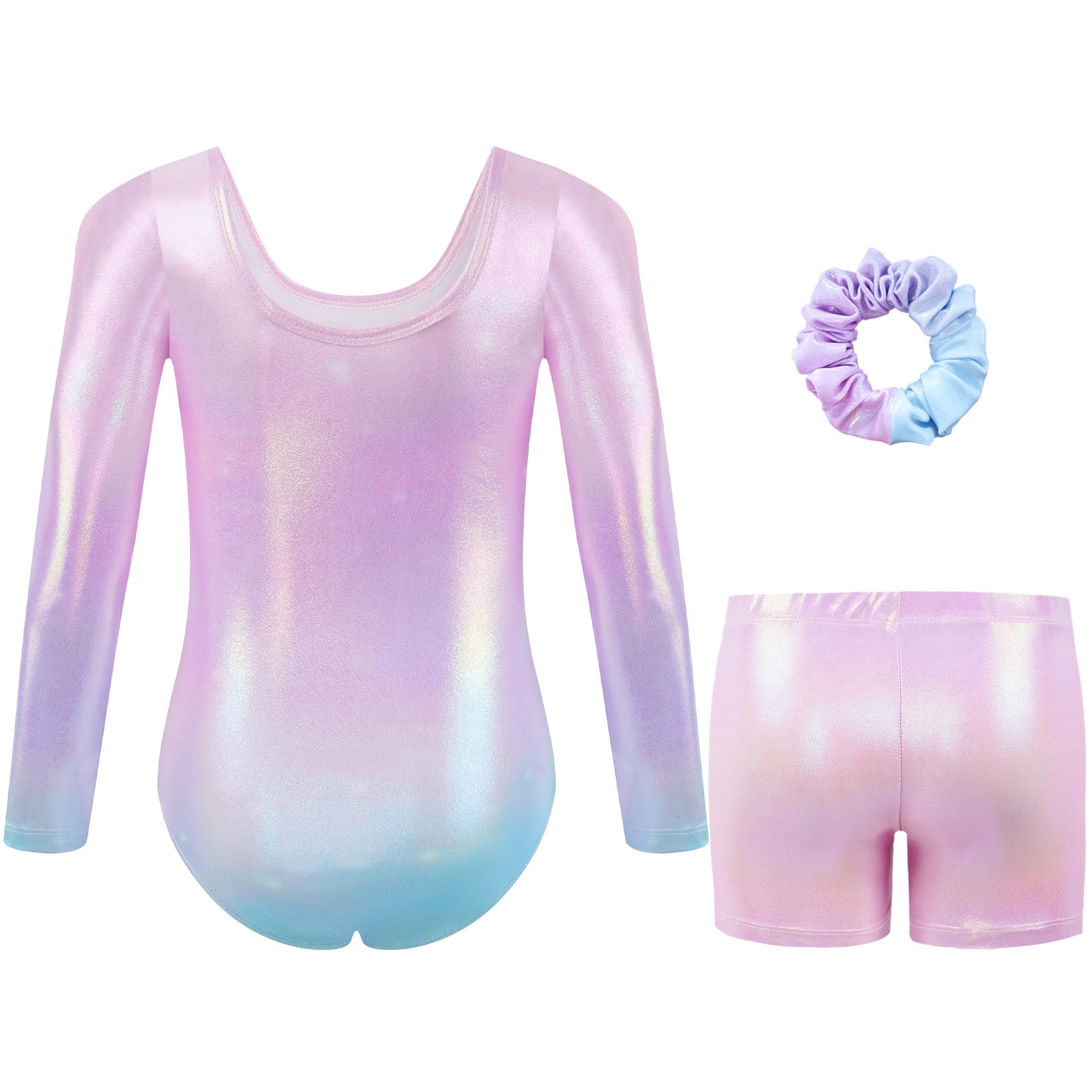 Gogokids - Conjunto de gimnasia de tres piezas para niñas, conjunto de gimnasia de manga larga con pantalones cortos y banda, leotardo de baile brillante con diseño de color degradado para 3-12 años