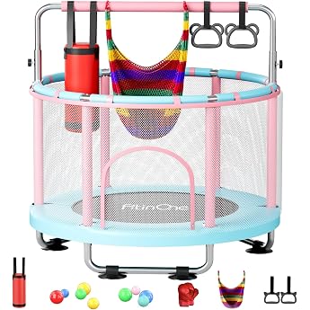 FitinOne 140 cm Children's Trampoline Indoor and Outdoor Toy with Swing Maximum Load 200 kg Trampoline for Children with Gym Bar - Birthday Gift for Boys and Girls from 6 to 12 Years
