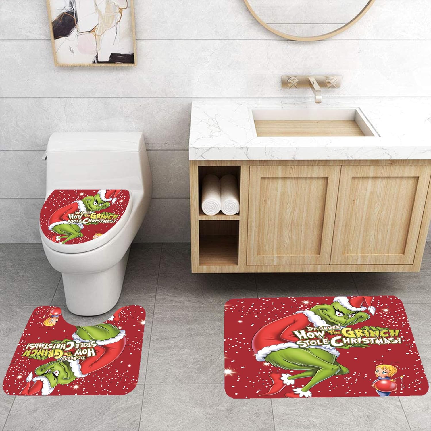 4-Piece Non-Slip Shower Curtain Set: Waterproof Polyester Fabric Bathroom Curtain (72x72 inches) with Rugs, Toilet Lid Cover, Bath Mat, and 12 Hooks