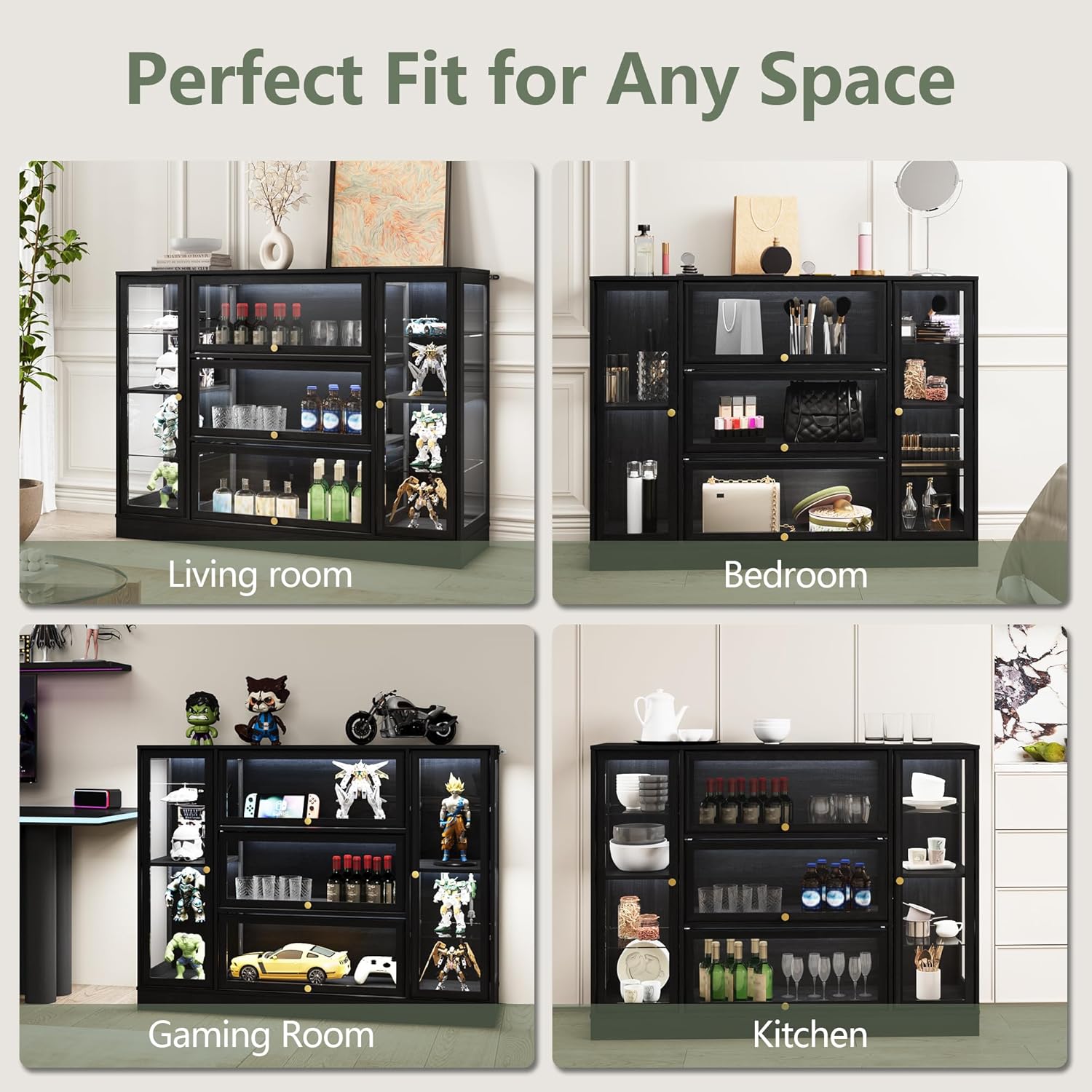 Display Cabinet with Acrylic Glass Doors,Extra Wide Curio Cabinet with LED Lighting for Collectibles, Collectibles Toy Organizers Rack & Display Shelf Display Case, Black Black 56" W x 42" H
