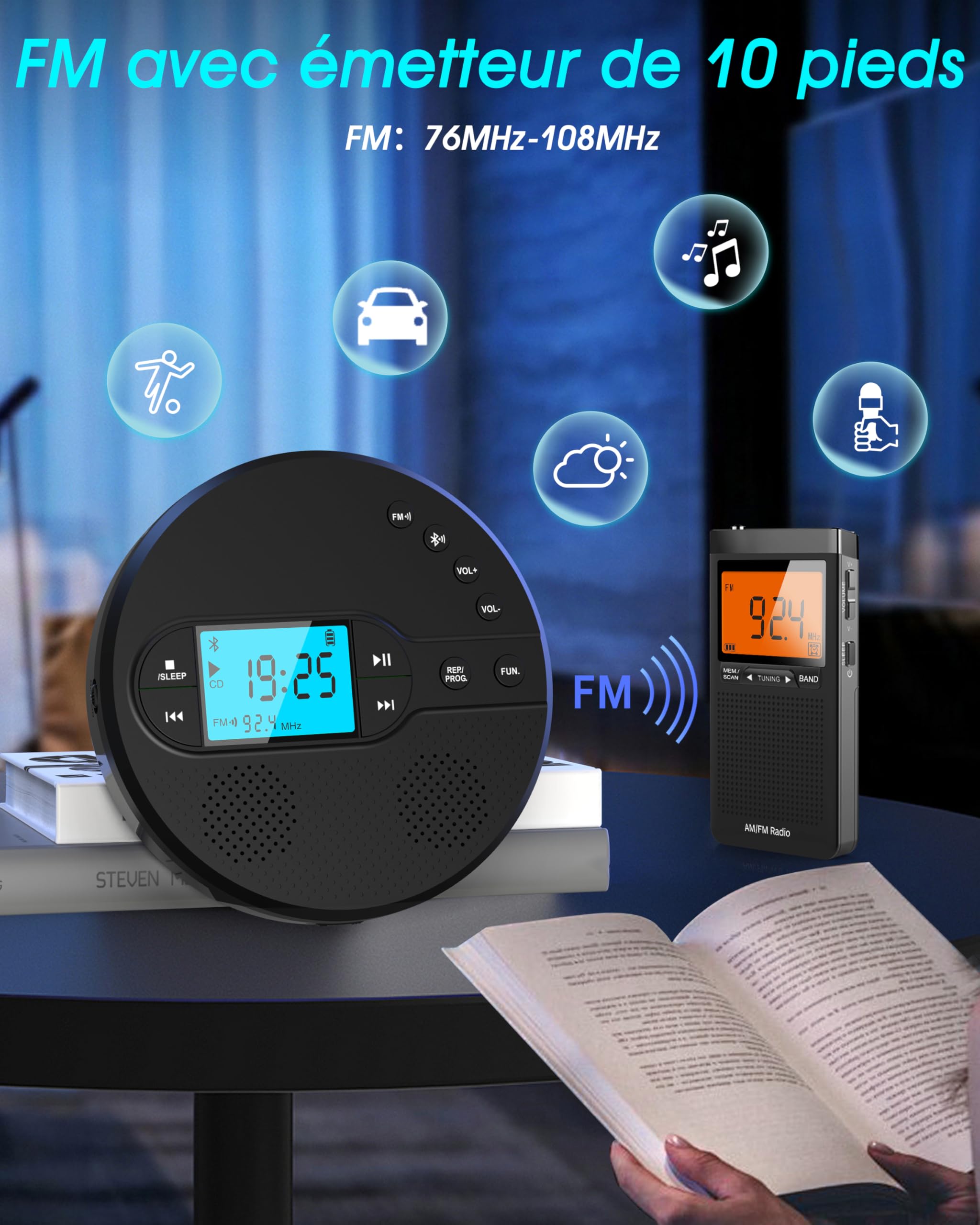 Greadio Lecteur CD Bluetooth 2025 Portable, Lecteur CD Discman avec 2000 mAh, transmetteur FM Compatible, USB, AUX, CD Player avec Casque et Anti-basculement/résistant aux Chocs (Noir)