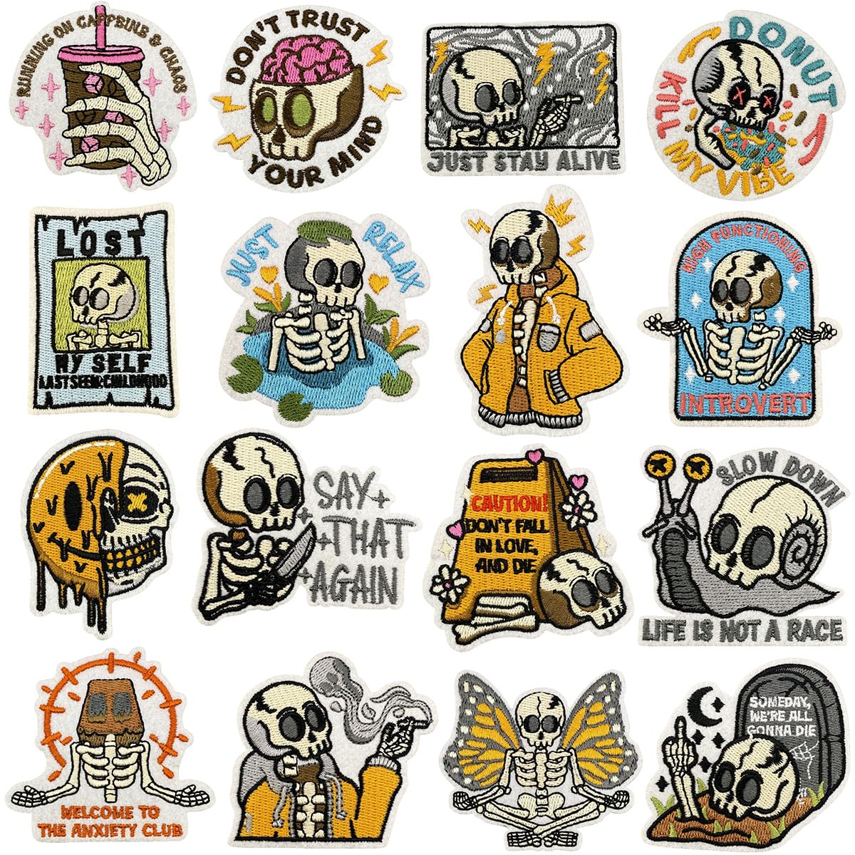 16 PCS Cartoon Skeleton Iron On Patches Funny Cartoon Skeleto Embroidered Applique Iron on/Sew on Patches for Backpacks Pants Coat Uniforms Clothes Jeans Hat Bags Jackets Vests