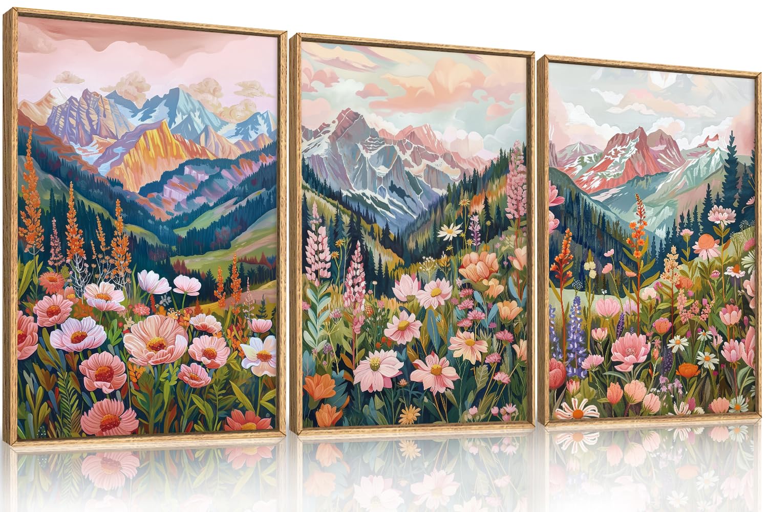 vibrant boho spring mountain wildflower canvas set modern pink floral decor