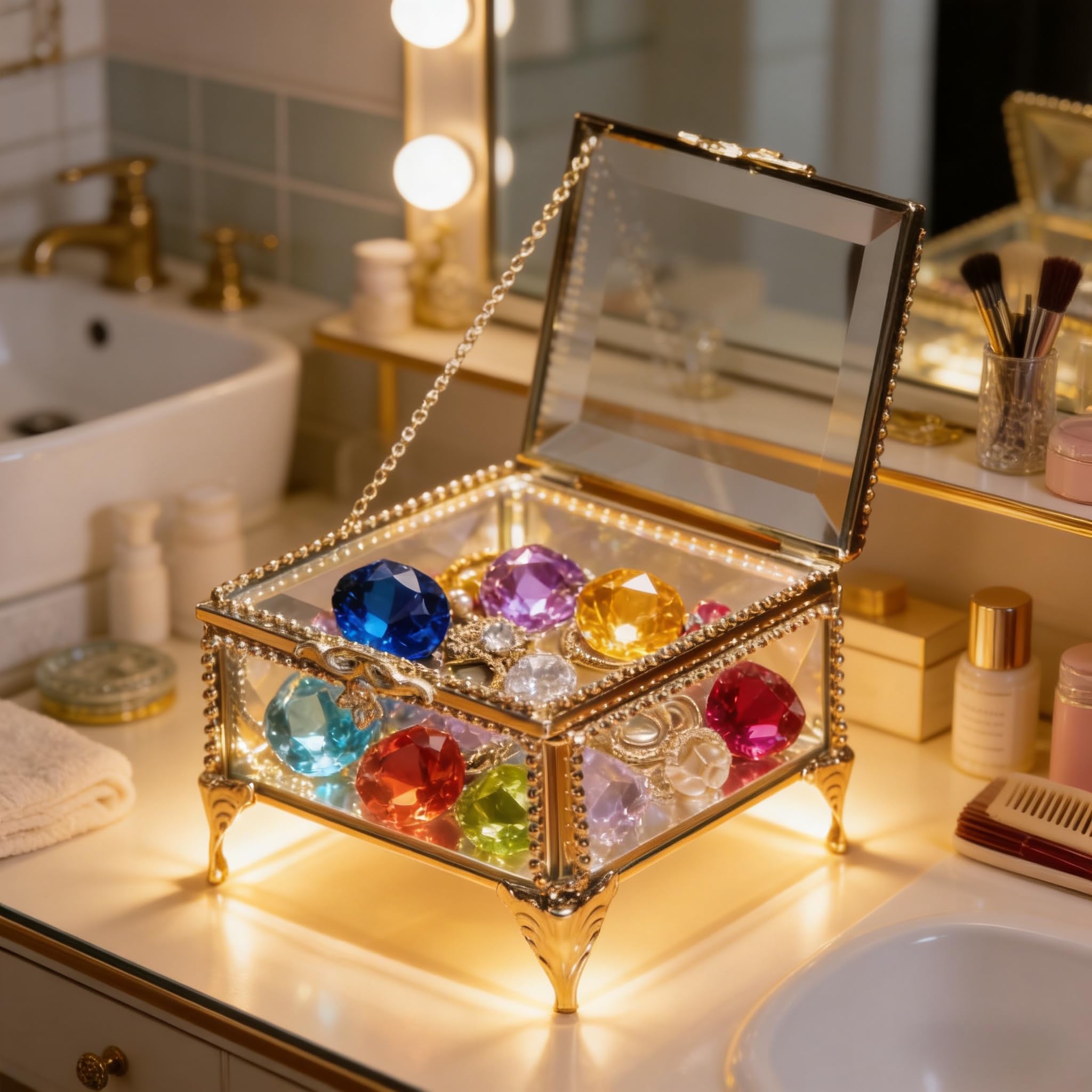 Joyero rectangular de cristal vintage con tapa con bisagras, 8.3 x 8.3 x 5.8 cm, caja de recuerdo para anillos, baratijas y más (dorado)