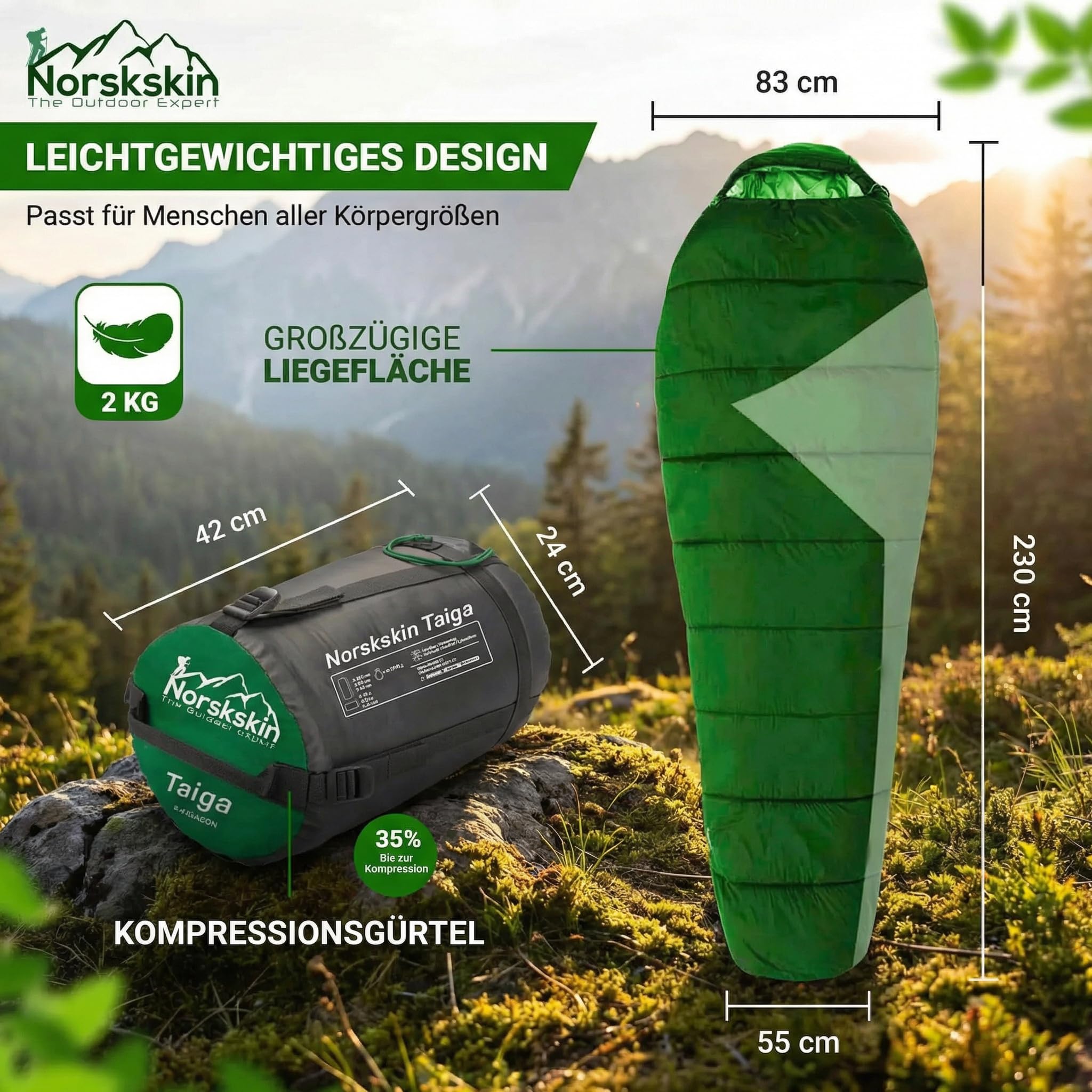 Norskskin Leichter Schlafsack 4 Jahreszeiten 0°C bis -23°C - Mumienschlafsack extra lang (230 x 82 cm)