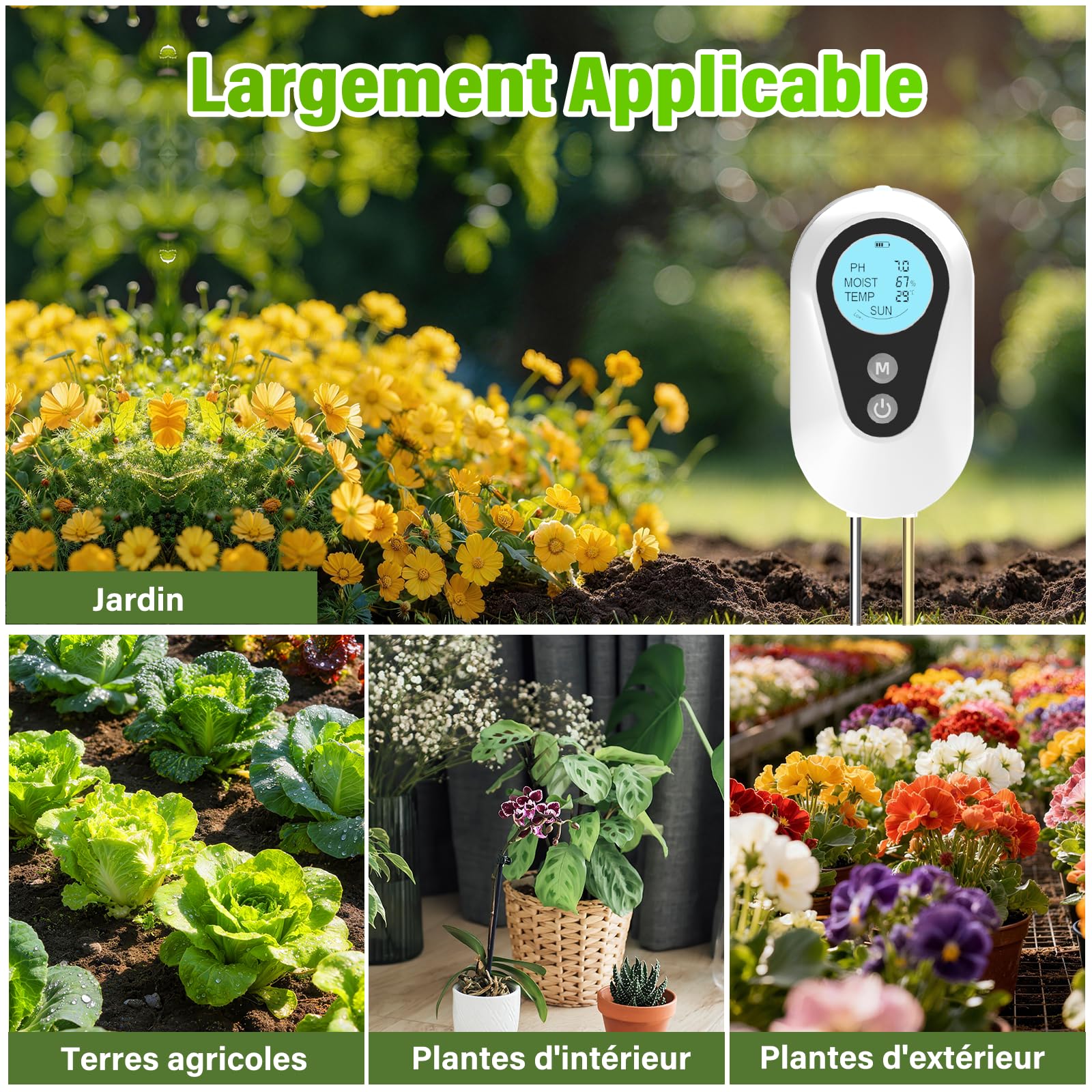BURMONG Testeur Humidité Plante, 4 en 1 Hygrometre Plante avec Humidité/pH/Température/Lumière Solaire, Testeur pH Sol pour Jardinage, Agriculture et Plantes d'Extérieur